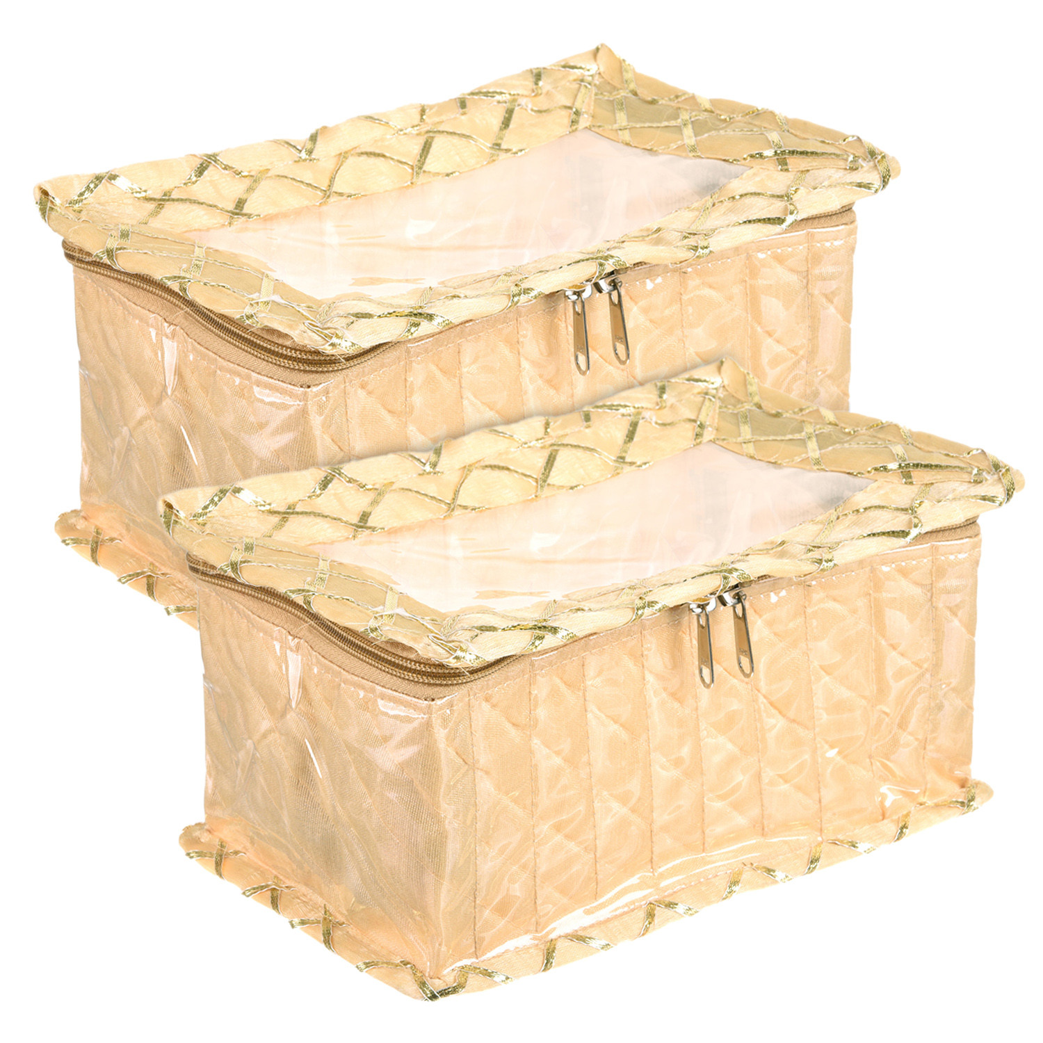 Kuber Industries Jewellery Box | PVC Laminated Gota Check Design Jewellery Kit For Woman | 10 Compartment & Pouches Cosmatic Bag with Transparent Top | Cream