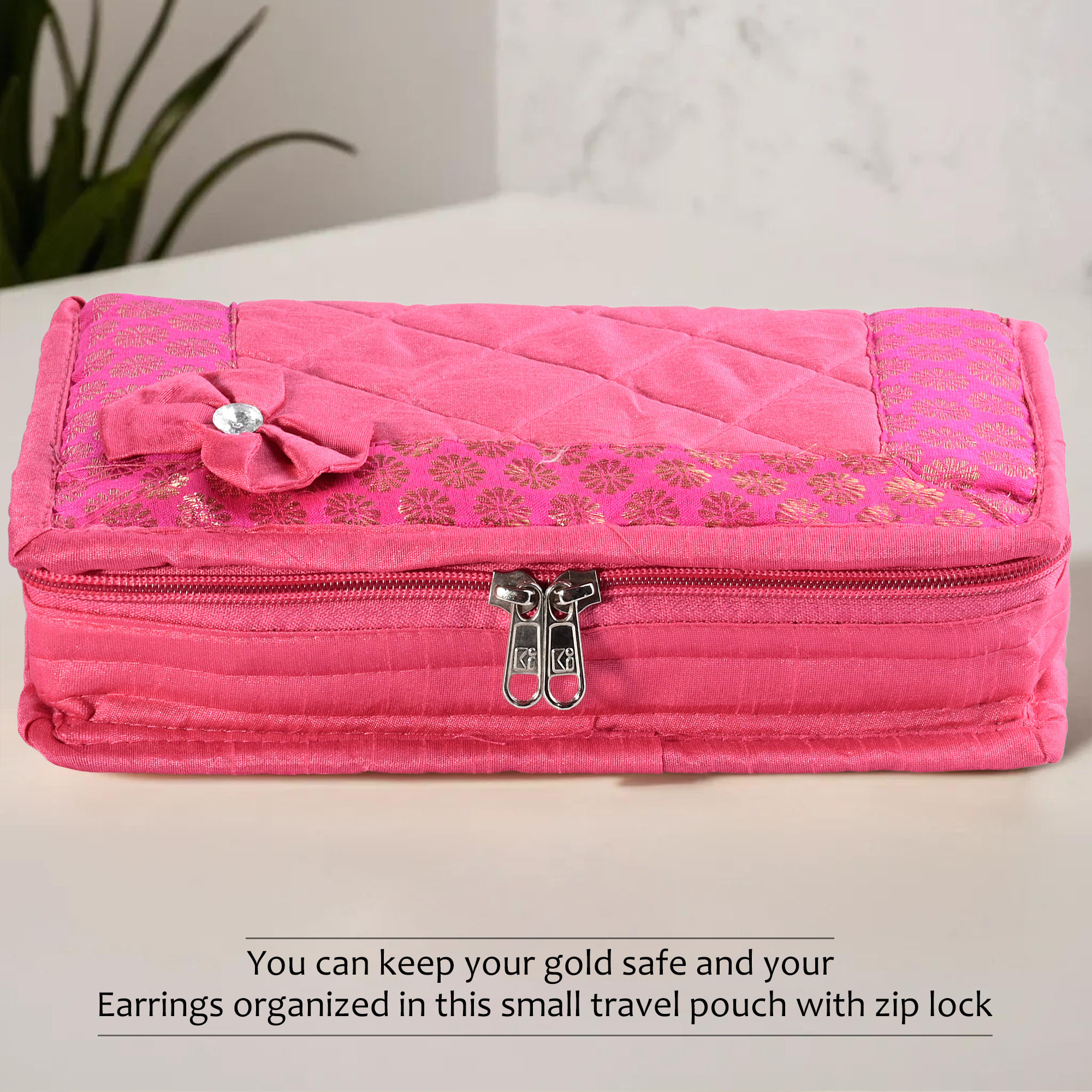 Kuber Industries Jewellery Box For Women - 7-Compartments Bow Travel Pouch with Zip Lock For Gold Storage  Earrings Organizing  Large - Pink
