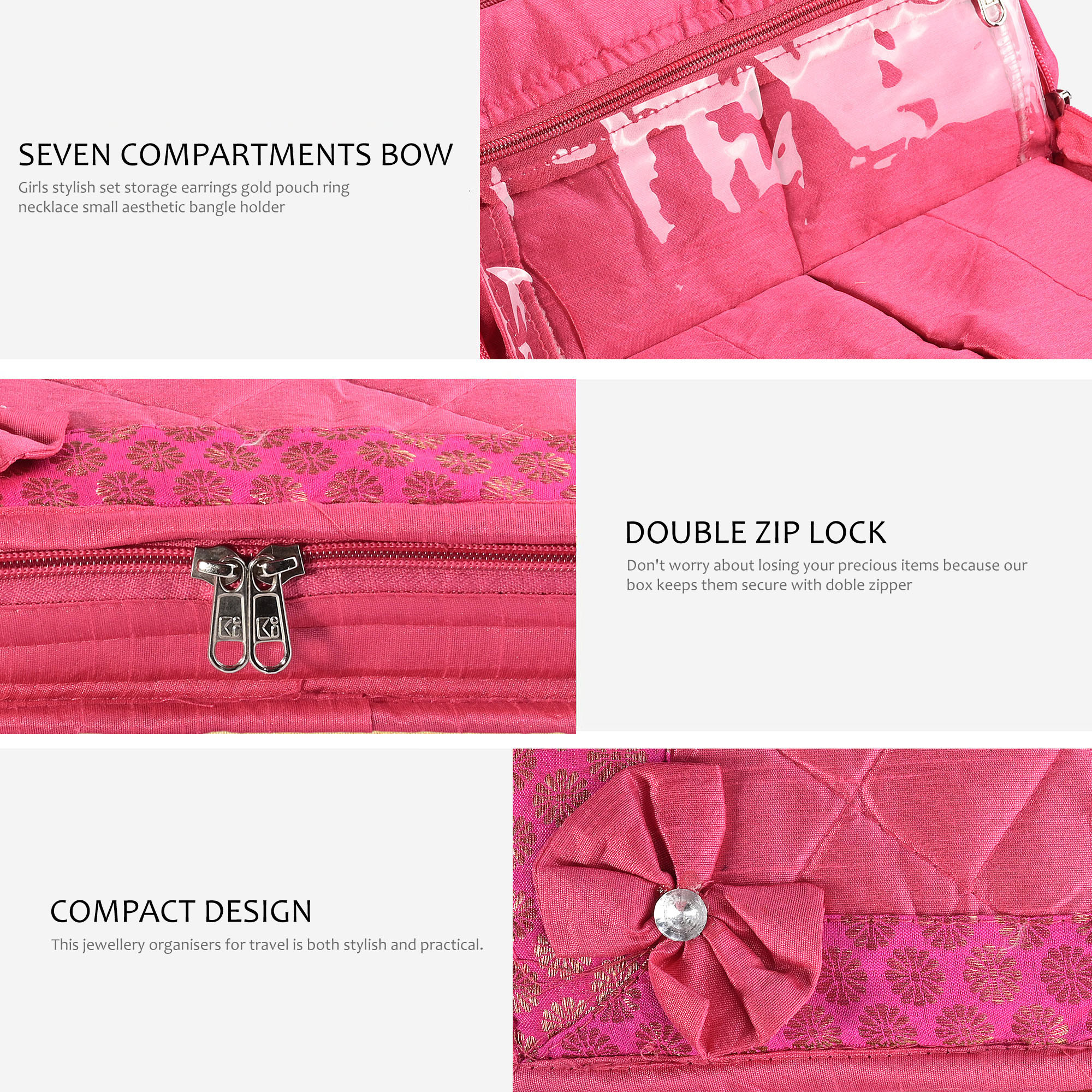 Kuber Industries Jewellery Box For Women - 7-Compartments Bow Travel Pouch with Zip Lock For Gold Storage  Earrings Organizing  Large - Pink