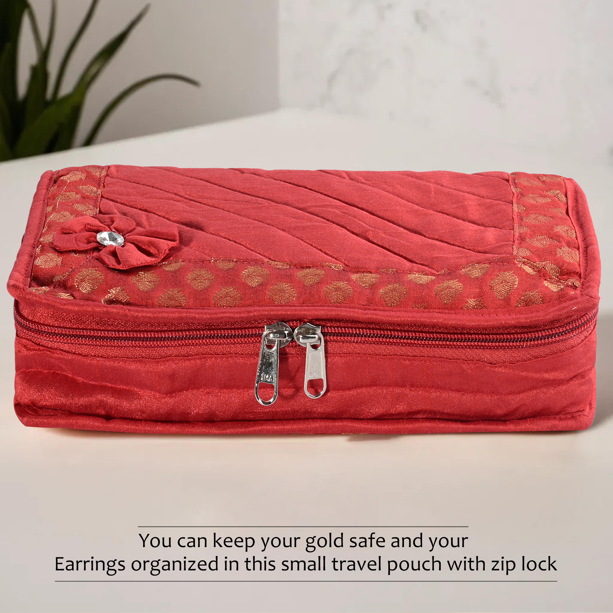 Kuber Industries Jewellery Box For Women - 7-Compartments Bow Travel Pouch with Zip Lock For Gold Storage  Earrings Organizing  Large - Red