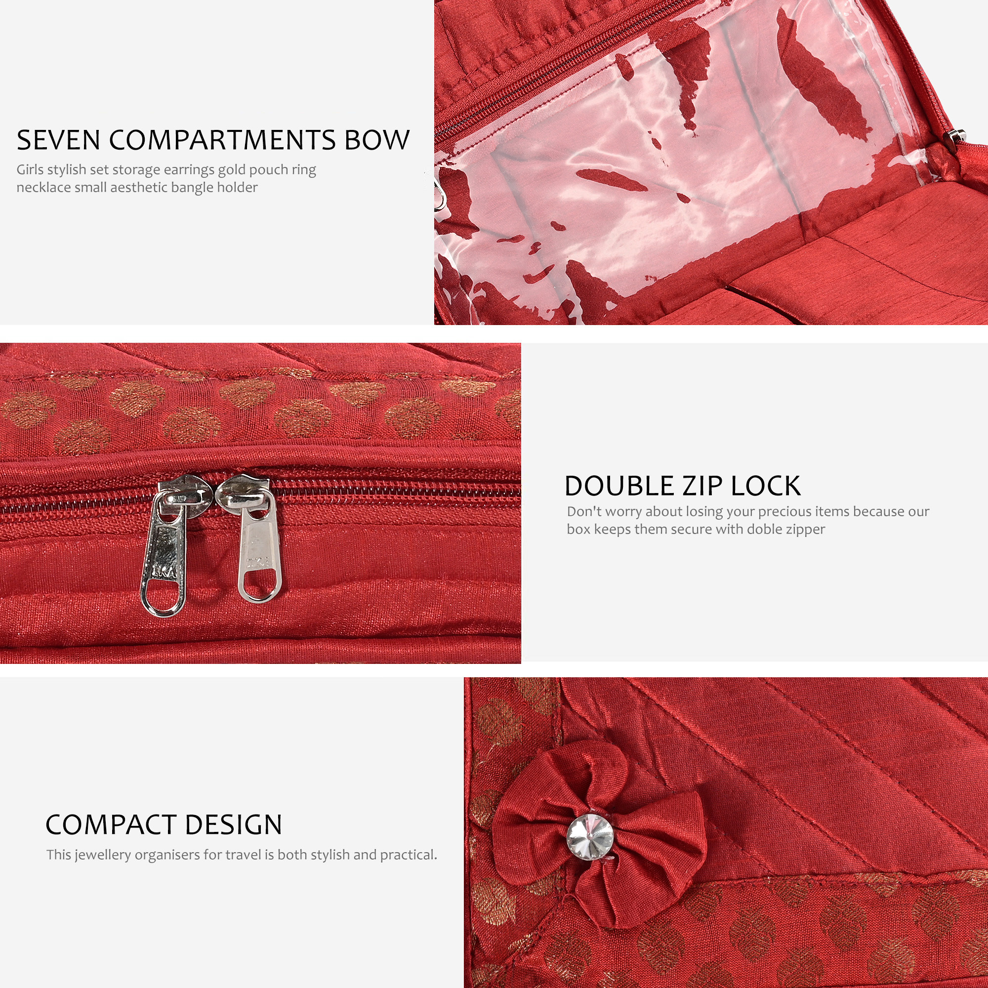 Kuber Industries Jewellery Box For Women - 7-Compartments Bow Travel Pouch with Zip Lock For Gold Storage  Earrings Organizing  Large - Red