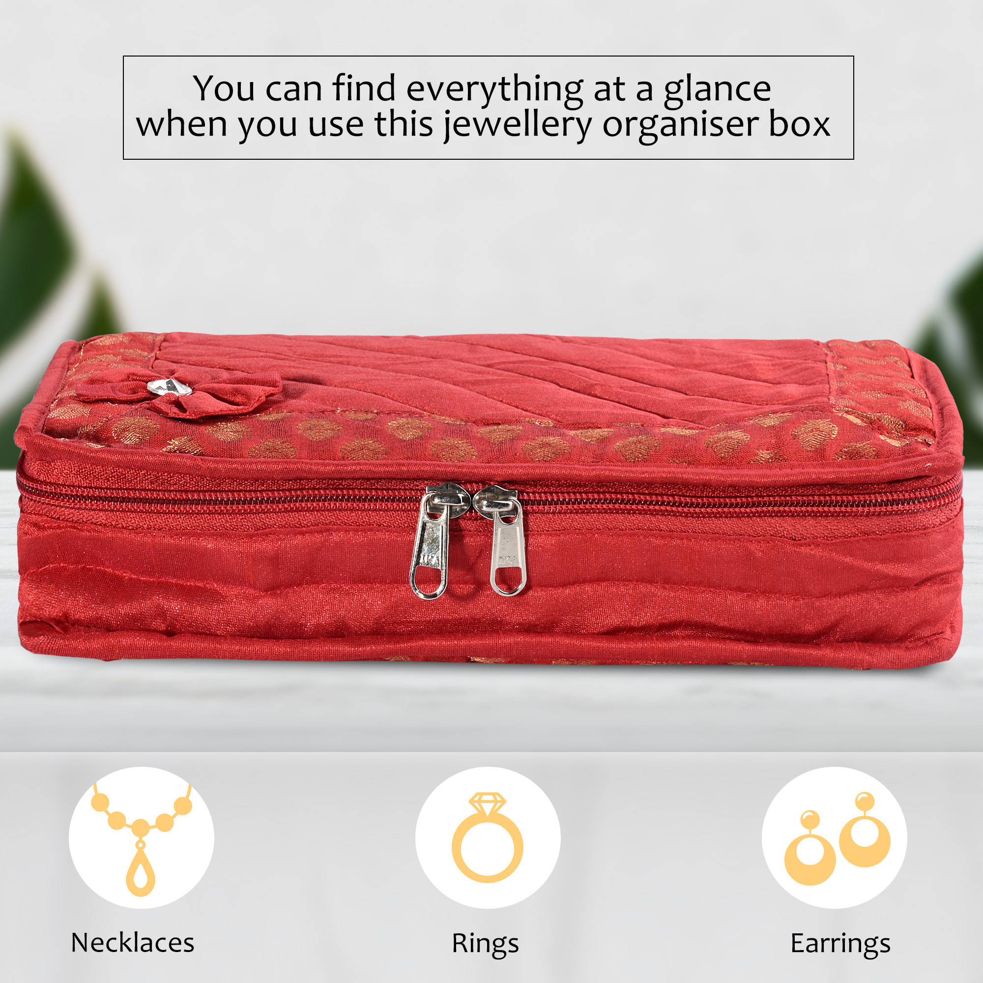 Kuber Industries Jewellery Box For Women - 7-Compartments Bow Travel Pouch with Zip Lock For Gold Storage  Earrings Organizing  Large - Red