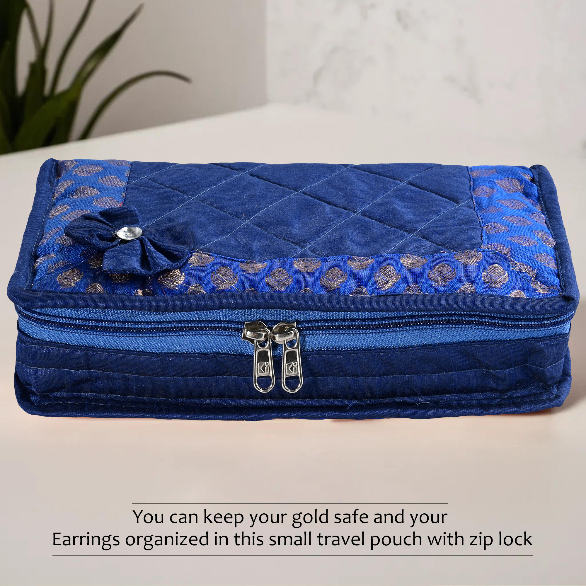 Kuber Industries Jewellery Box For Women - 7-Compartments Bow Travel Pouch with Zip Lock For Gold Storage  Earrings Organizing  Large - Blue