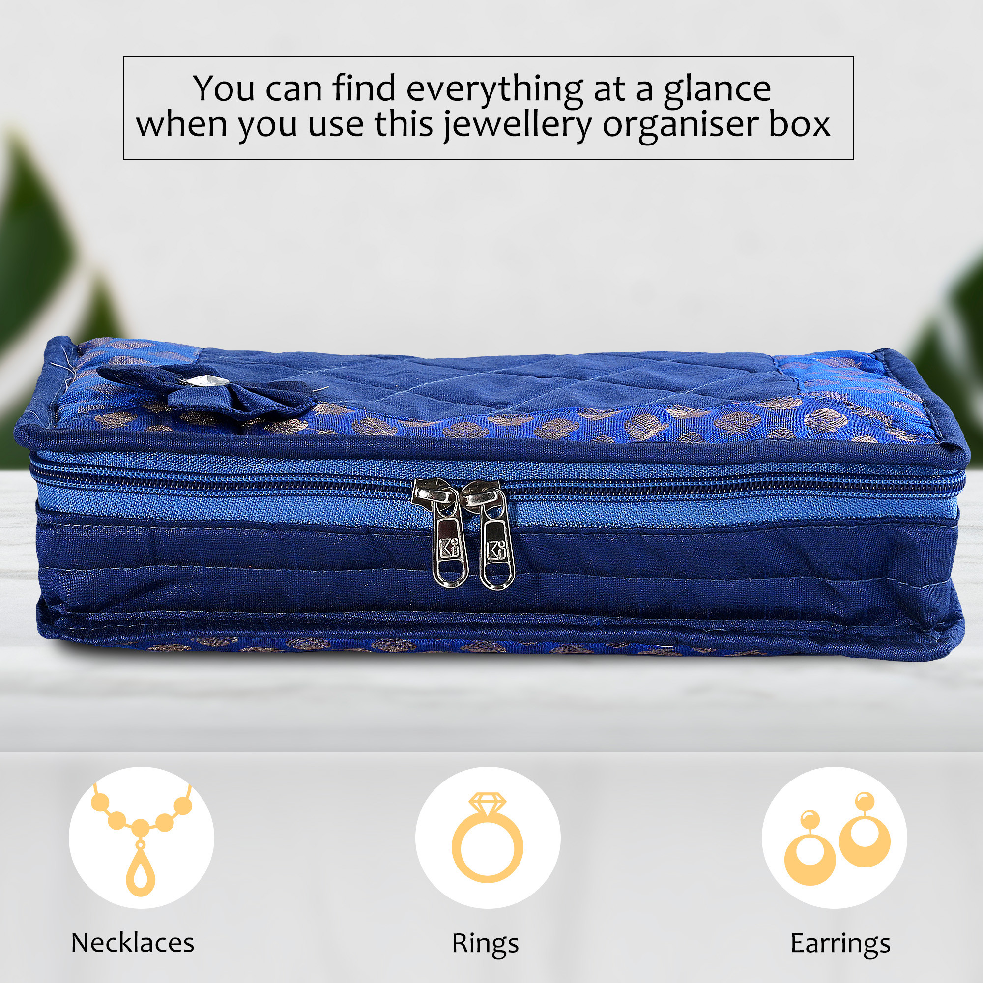 Kuber Industries Jewellery Box For Women - 7-Compartments Bow Travel Pouch with Zip Lock For Gold Storage  Earrings Organizing  Large - Blue