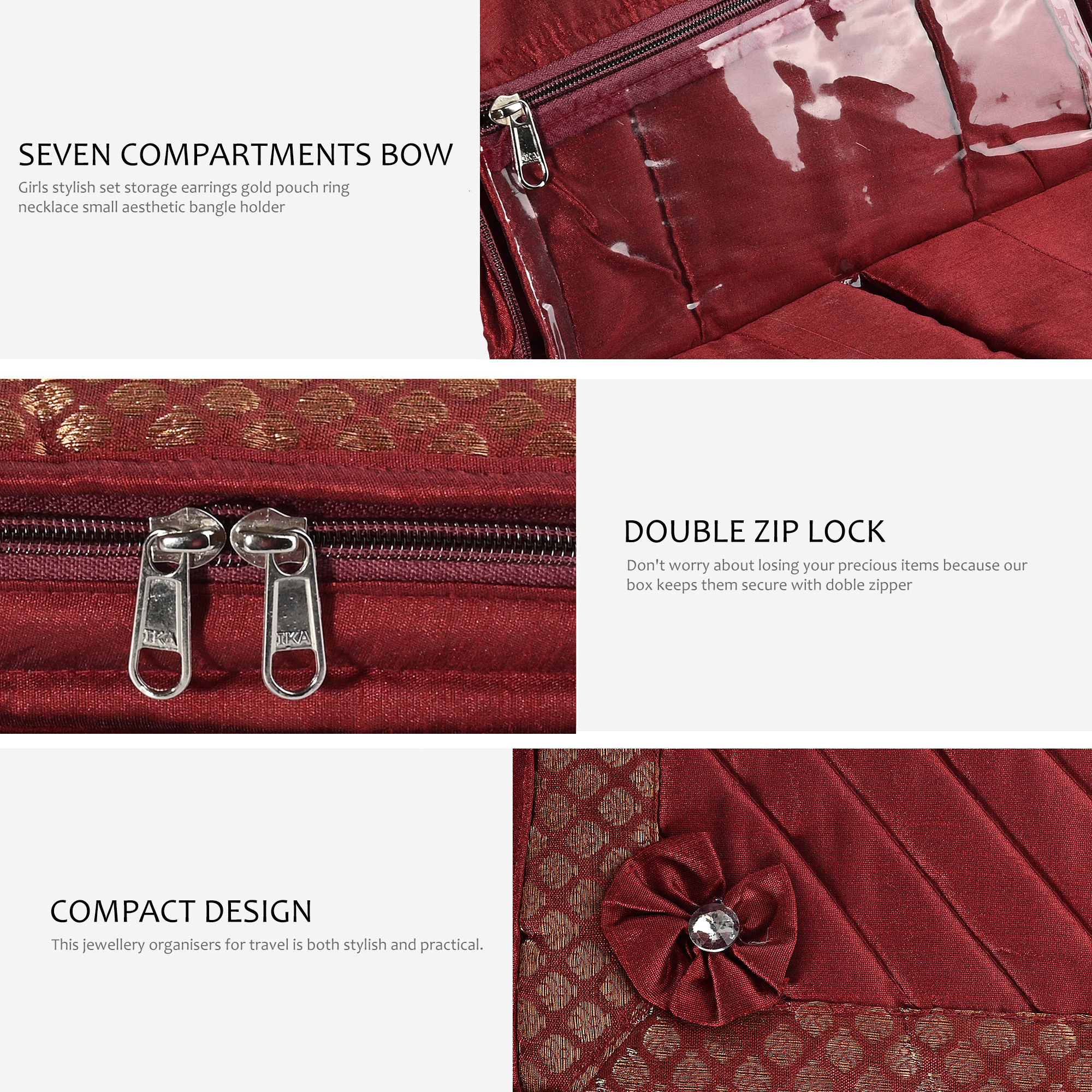 Kuber Industries Jewellery Box For Women - 7-Compartments Bow Travel Pouch with Zip Lock For Gold Storage  Earrings Organizing  Large - Maroon