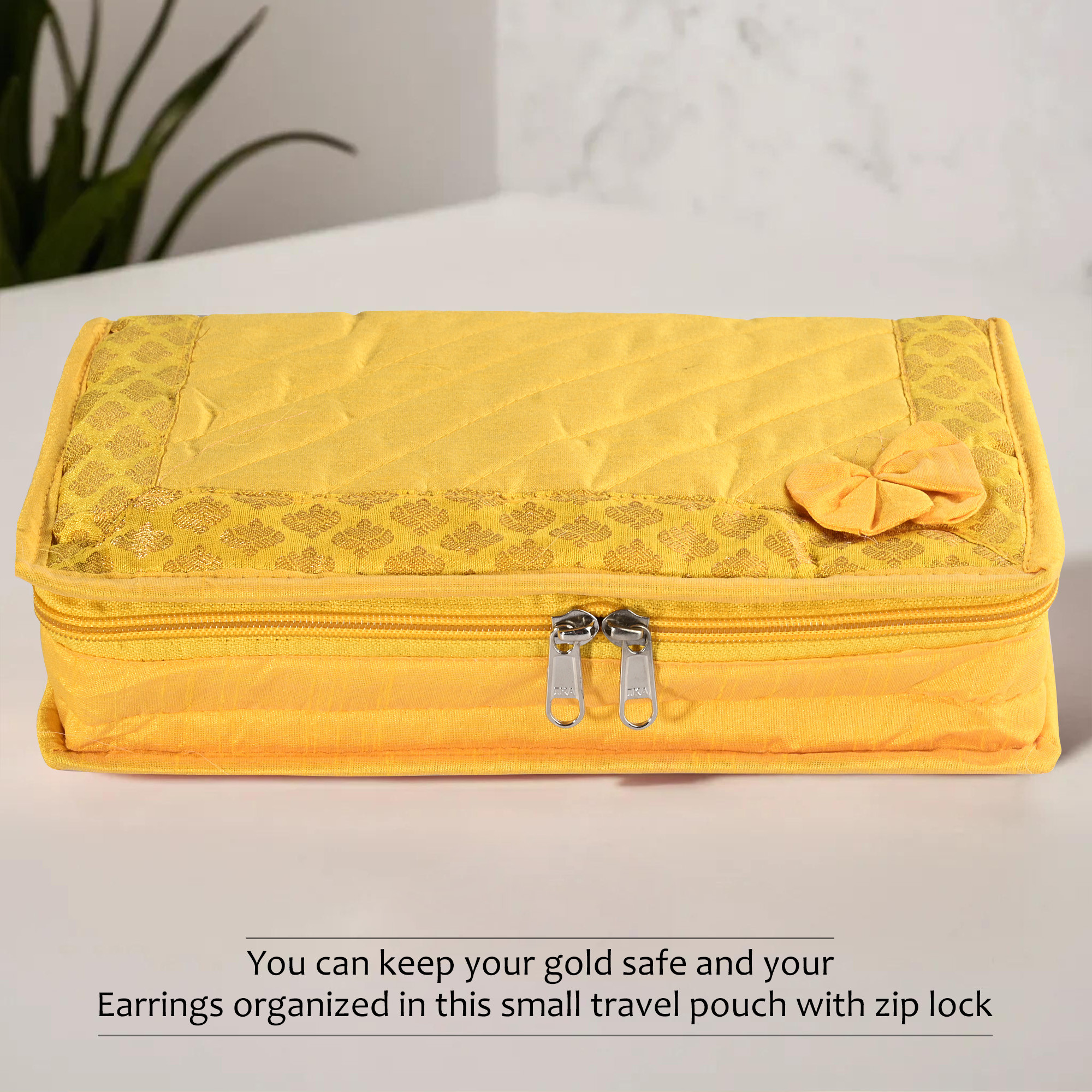 Kuber Industries Jewellery Box For Women - 7-Compartments Bow Travel Pouch with Zip Lock For Gold Storage  Earrings Organizing  Large - Yellow