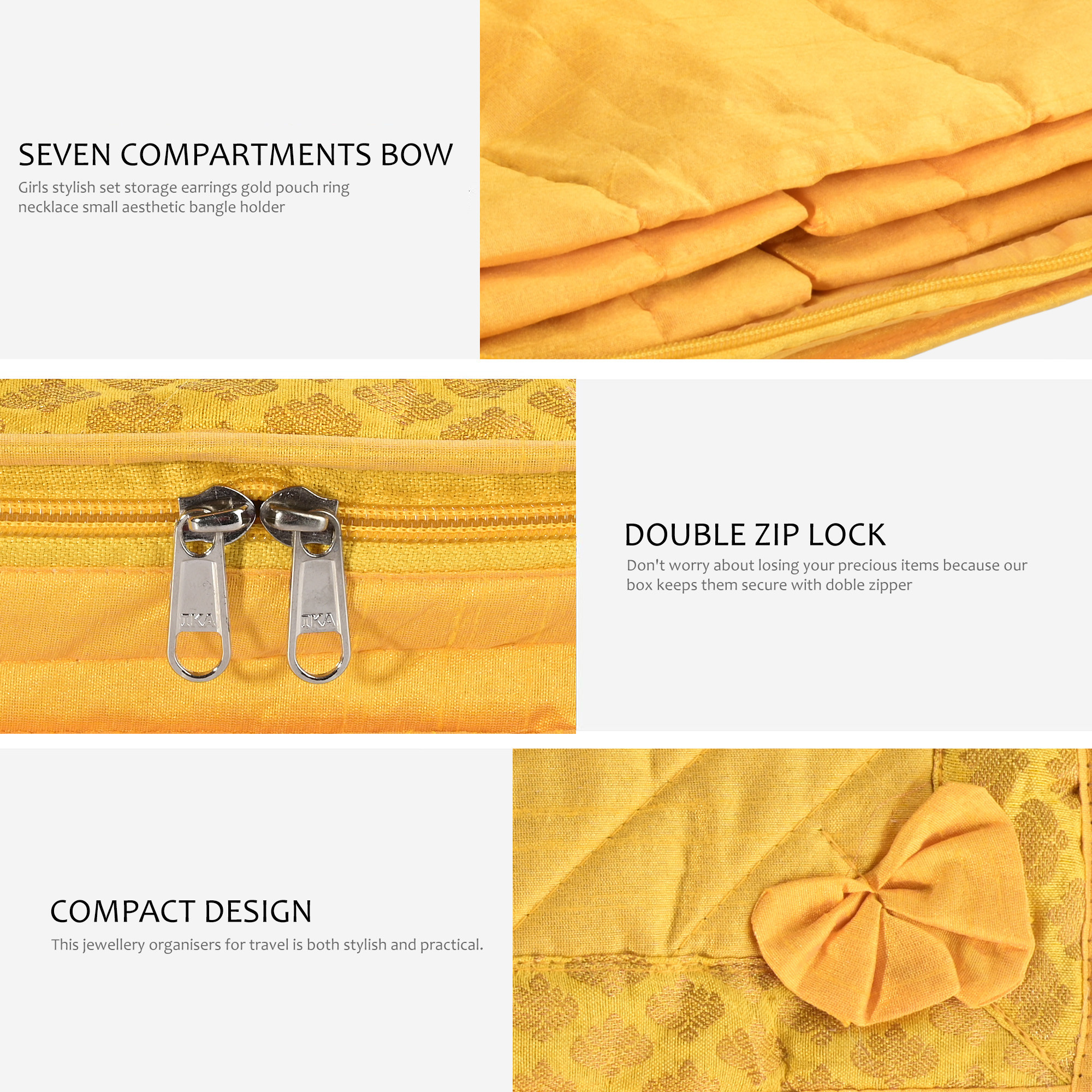 Kuber Industries Jewellery Box For Women - 7-Compartments Bow Travel Pouch with Zip Lock For Gold Storage  Earrings Organizing  Large - Yellow