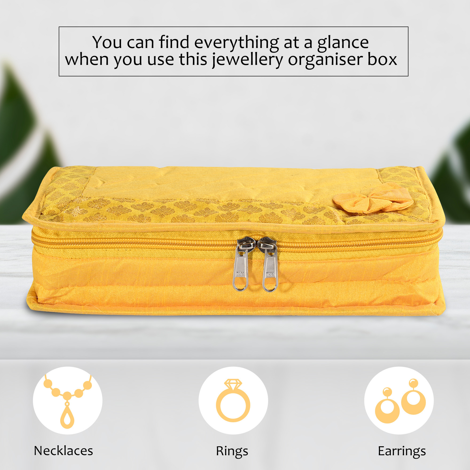 Kuber Industries Jewellery Box For Women - 7-Compartments Bow Travel Pouch with Zip Lock For Gold Storage  Earrings Organizing  Large - Yellow