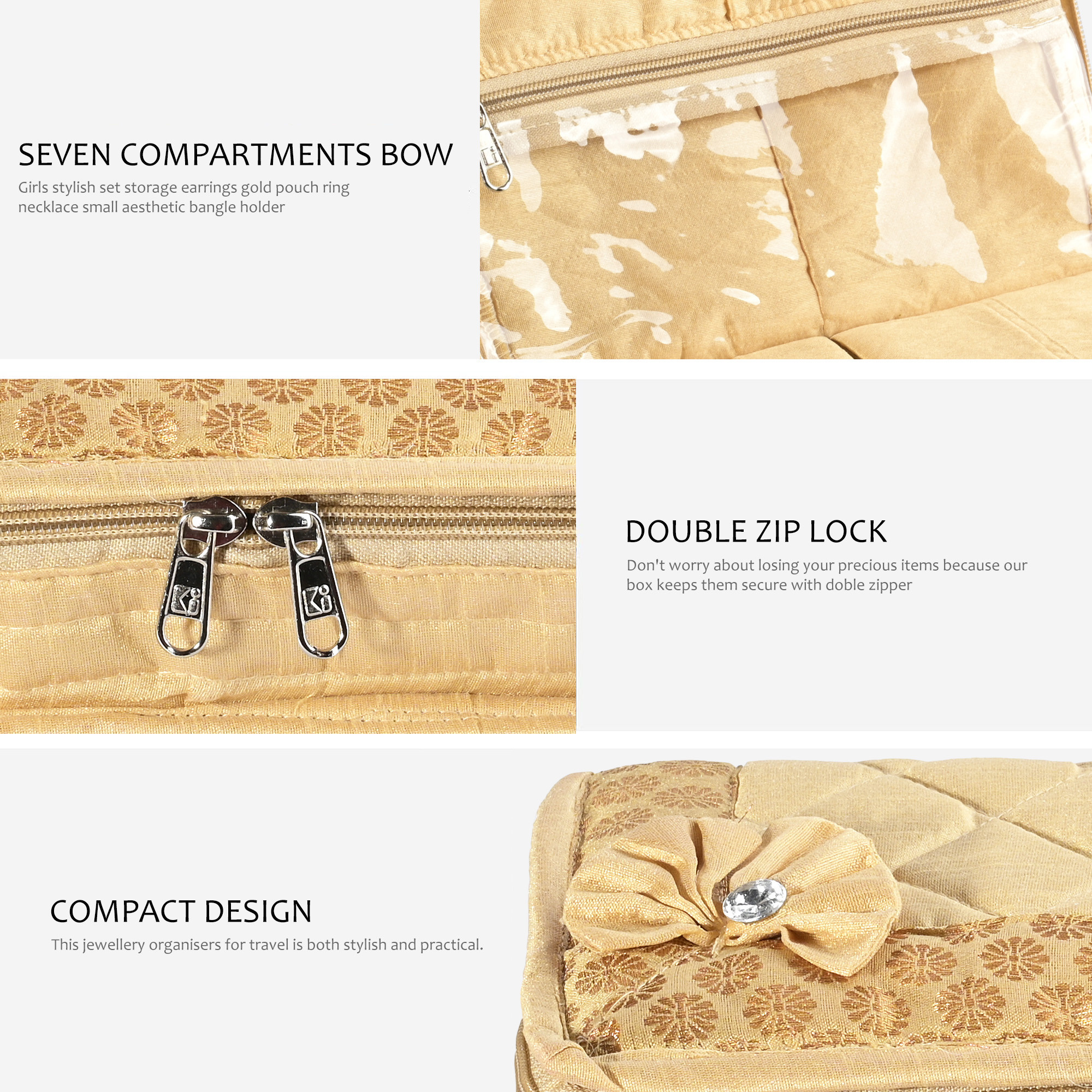 Kuber Industries Jewellery Box For Women - 7-Compartments Bow Travel Pouch with Zip Lock For Gold Storage  Earrings Organizing  Large - Golden