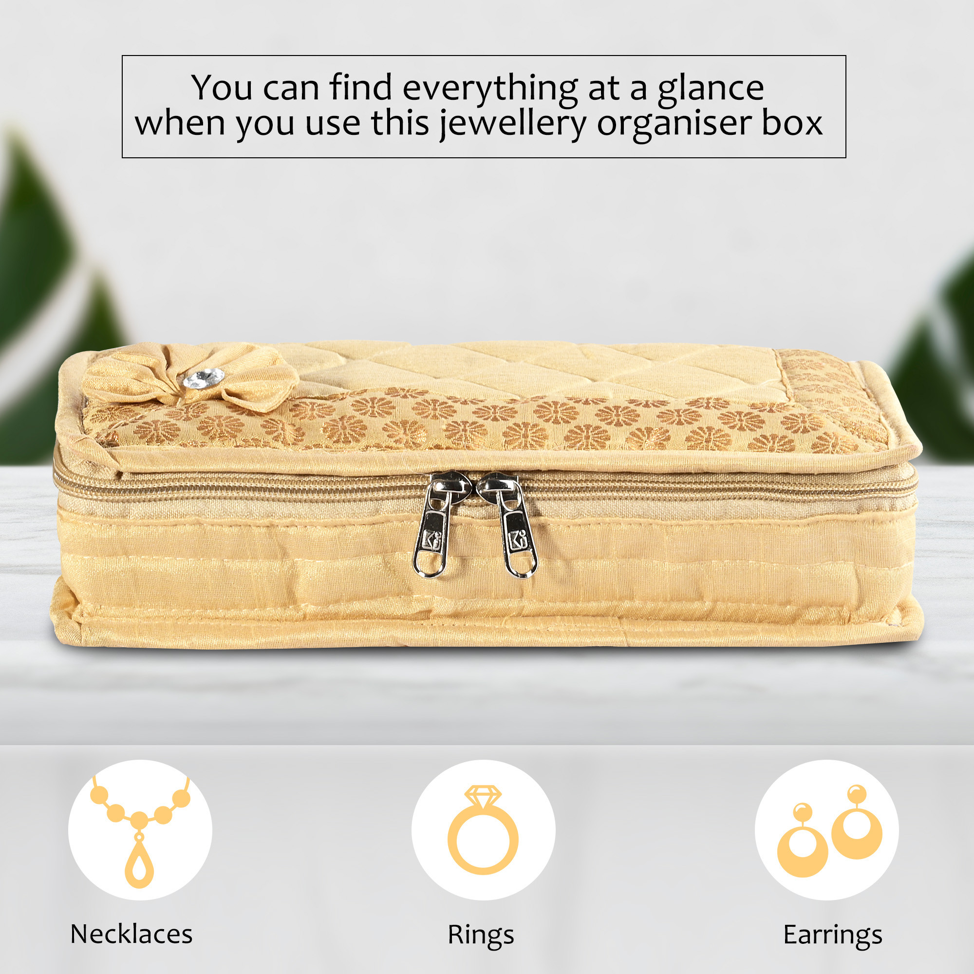 Kuber Industries Jewellery Box For Women - 7-Compartments Bow Travel Pouch with Zip Lock For Gold Storage  Earrings Organizing  Large - Golden