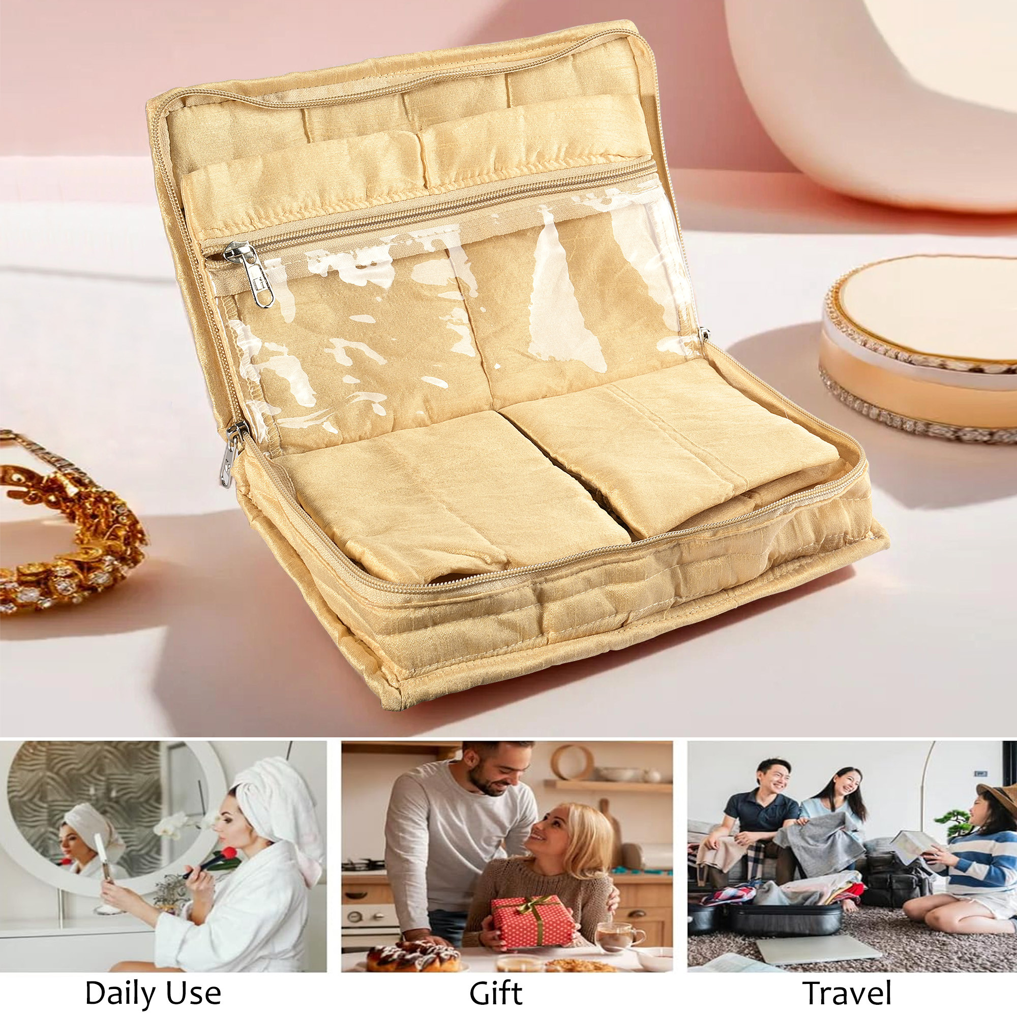 Kuber Industries Jewellery Box For Women - 7-Compartments Bow Travel Pouch with Zip Lock For Gold Storage  Earrings Organizing  Large - Golden