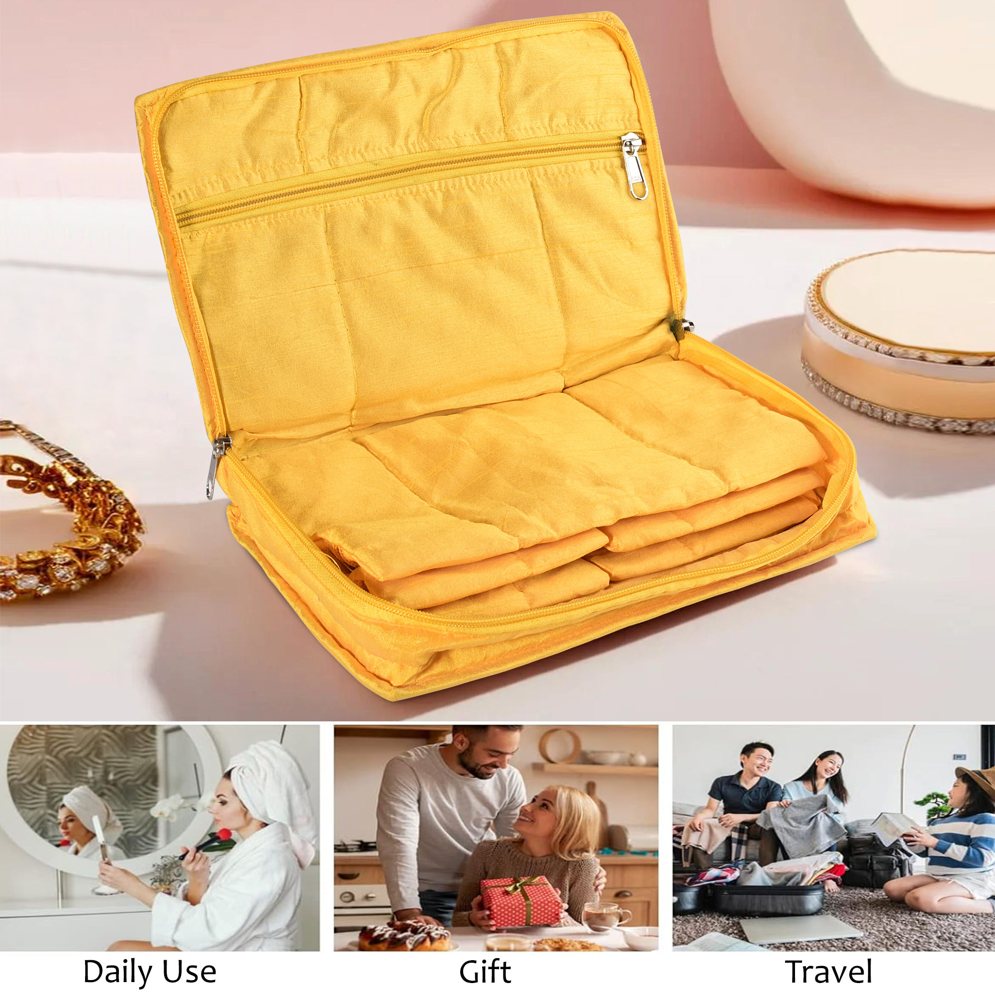 Kuber Industries Jewellery Box For Women - 7-Compartments Bow Travel Pouch with Zip Lock For Gold Storage  Earrings Organizing  Large - Yellow