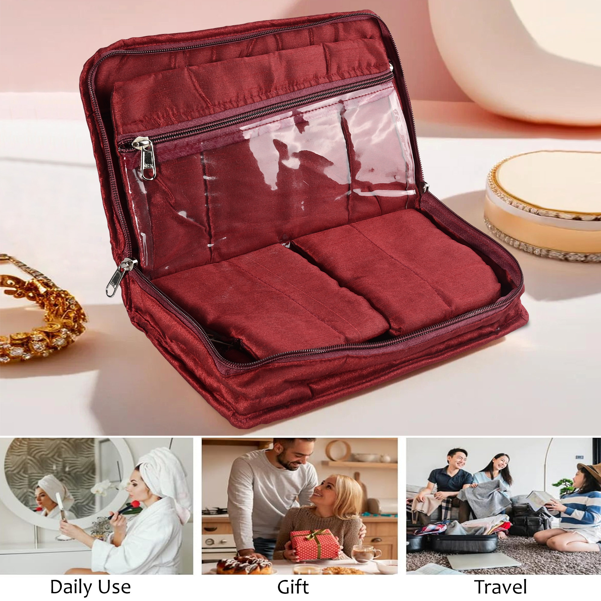 Kuber Industries Jewellery Box For Women - 7-Compartments Bow Travel Pouch with Zip Lock For Gold Storage  Earrings Organizing  Large - Maroon