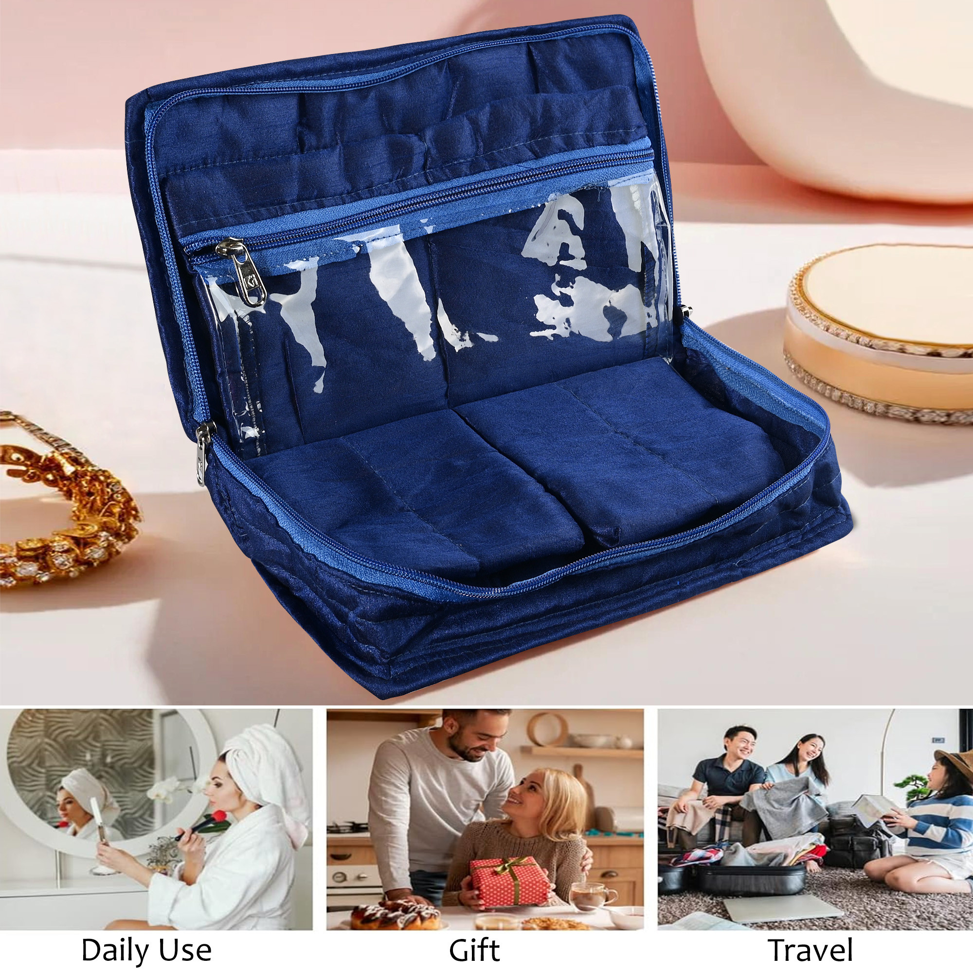 Kuber Industries Jewellery Box For Women - 7-Compartments Bow Travel Pouch with Zip Lock For Gold Storage  Earrings Organizing  Large - Blue