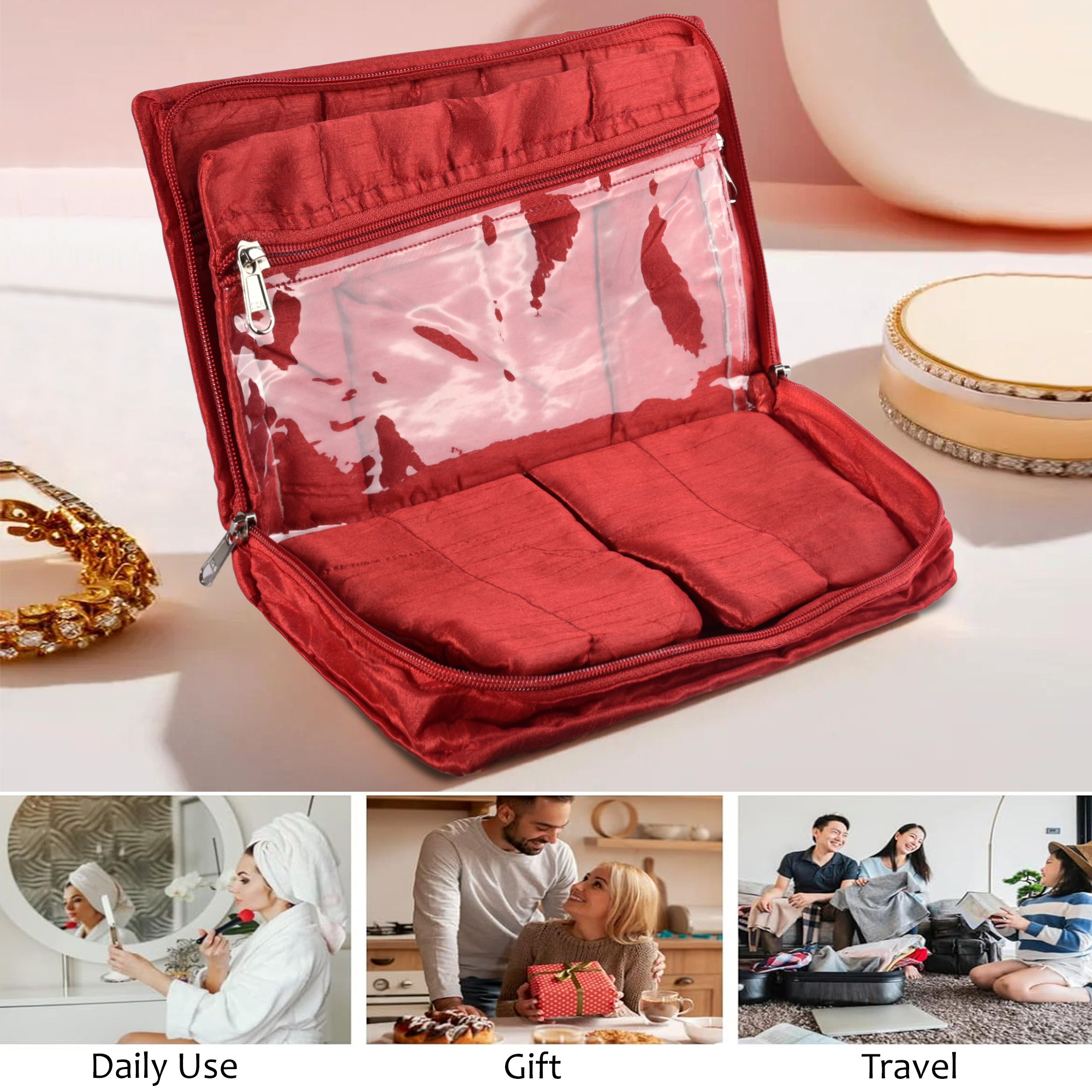 Kuber Industries Jewellery Box For Women - 7-Compartments Bow Travel Pouch with Zip Lock For Gold Storage  Earrings Organizing  Large - Red
