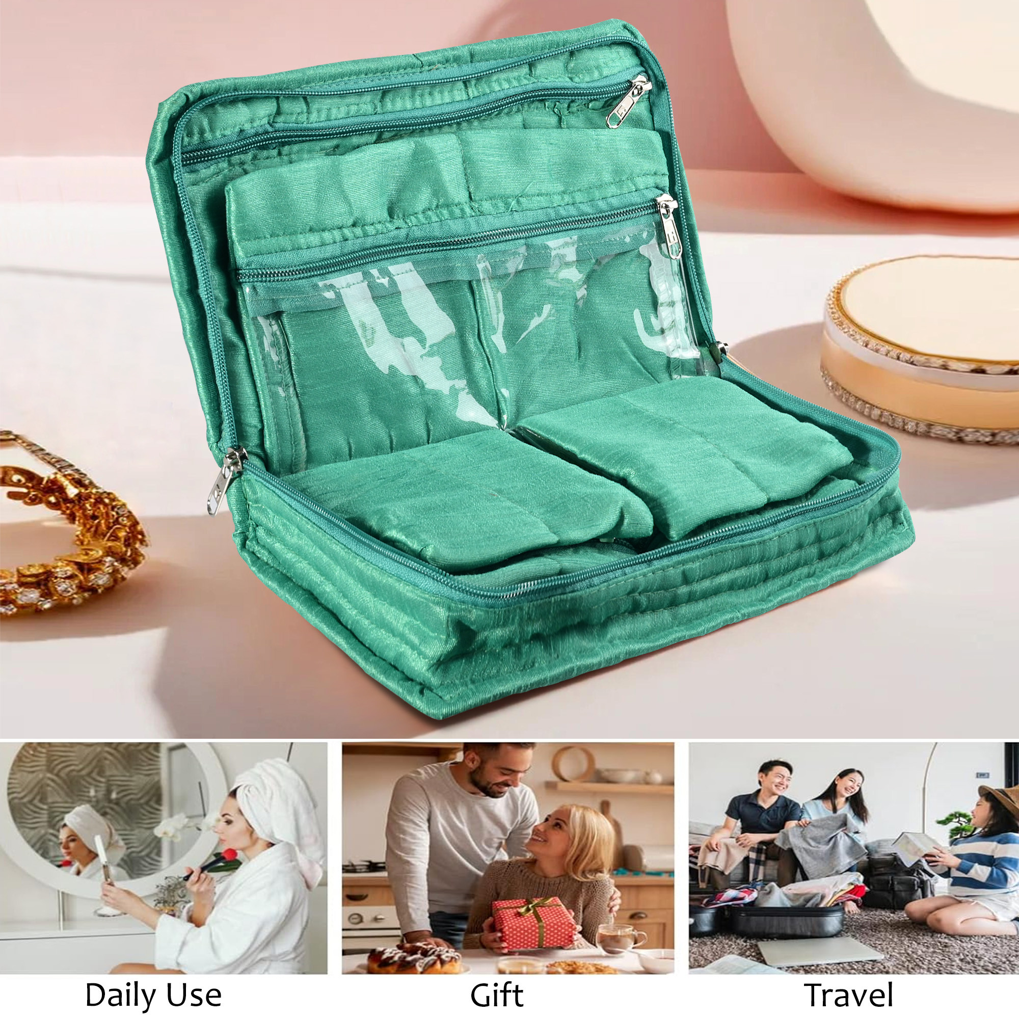 Kuber Industries Jewellery Box For Women - 7-Compartments Bow Travel Pouch with Zip Lock For Gold Storage  Earrings Organizing  Large - Green