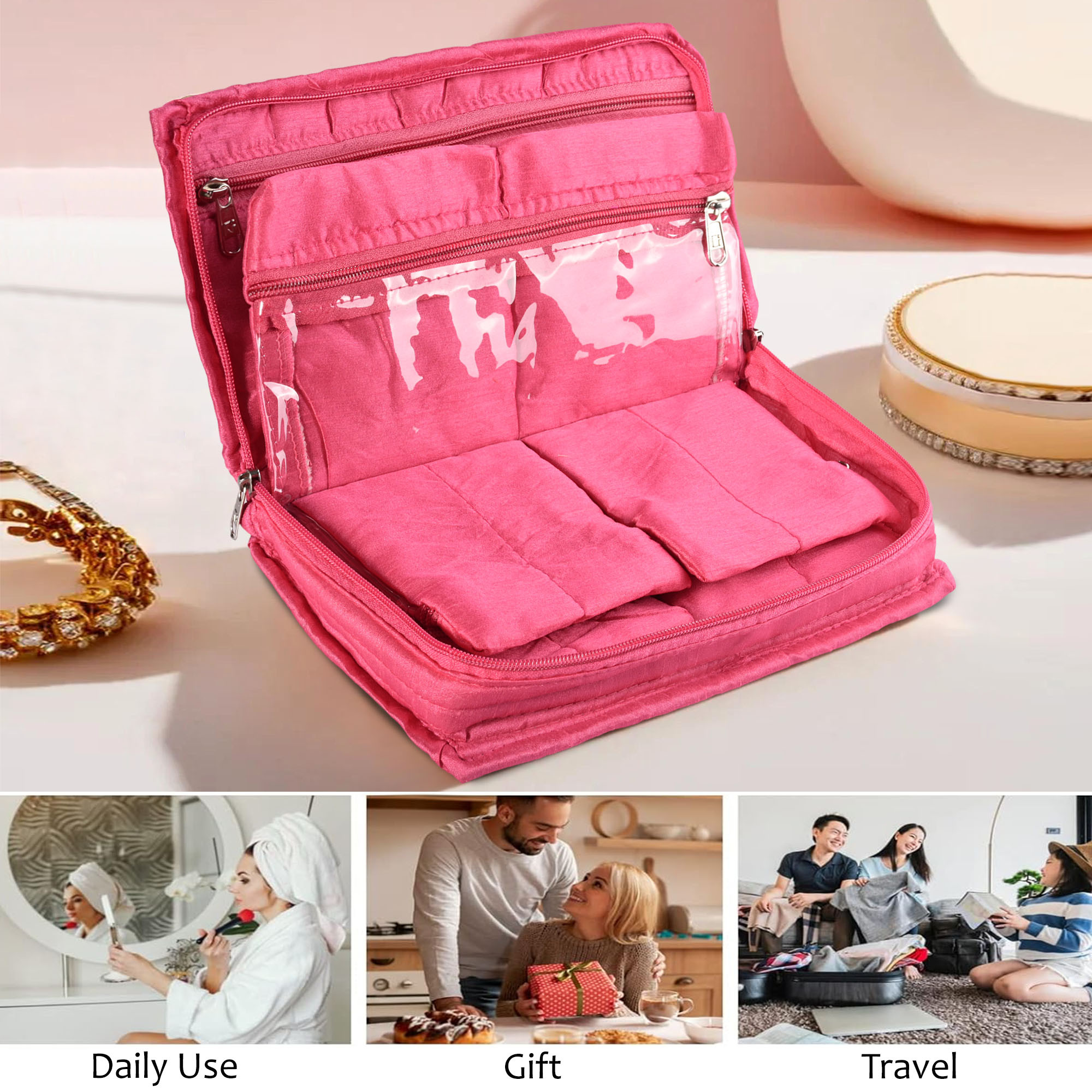 Kuber Industries Jewellery Box For Women - 7-Compartments Bow Travel Pouch with Zip Lock For Gold Storage  Earrings Organizing  Large - Pink