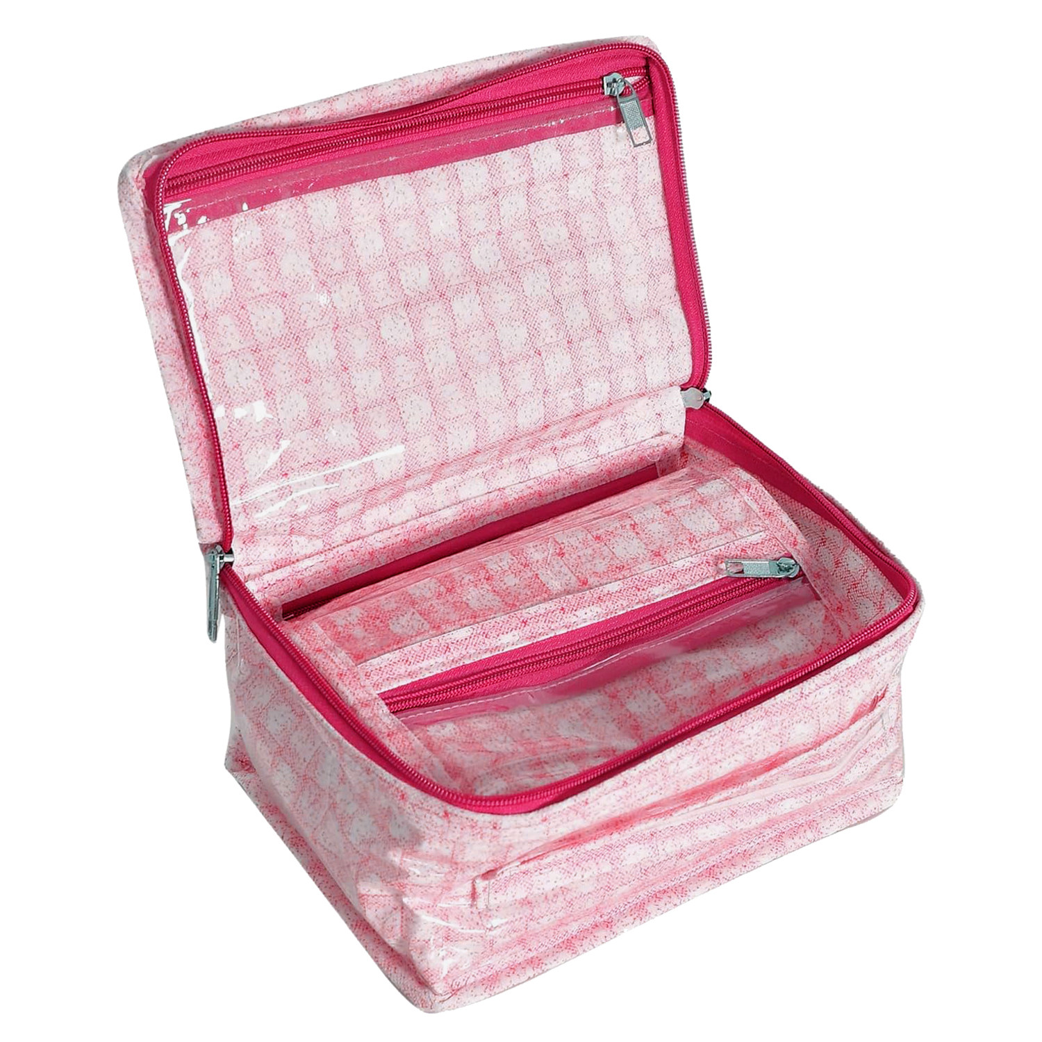 Kuber Industries Jewellery Kit | Check Design Vanity Box for woman | Laminated Jewellery Kit for woman | Jewellery Kit with 8 Transparent Pouch | Pink