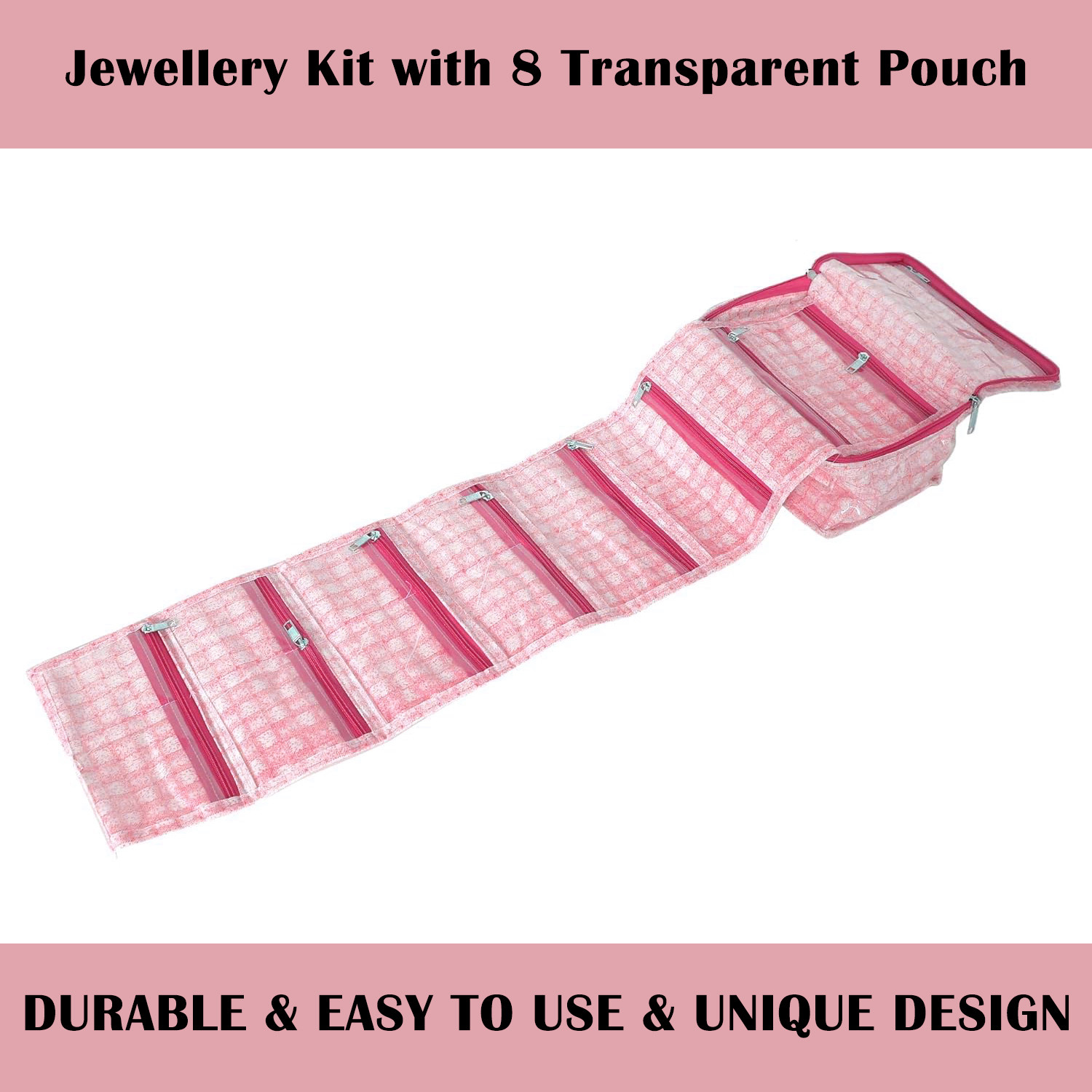 Kuber Industries Jewellery Kit | Check Design Vanity Box for woman | Laminated Jewellery Kit for woman | Jewellery Kit with 8 Transparent Pouch | Pink