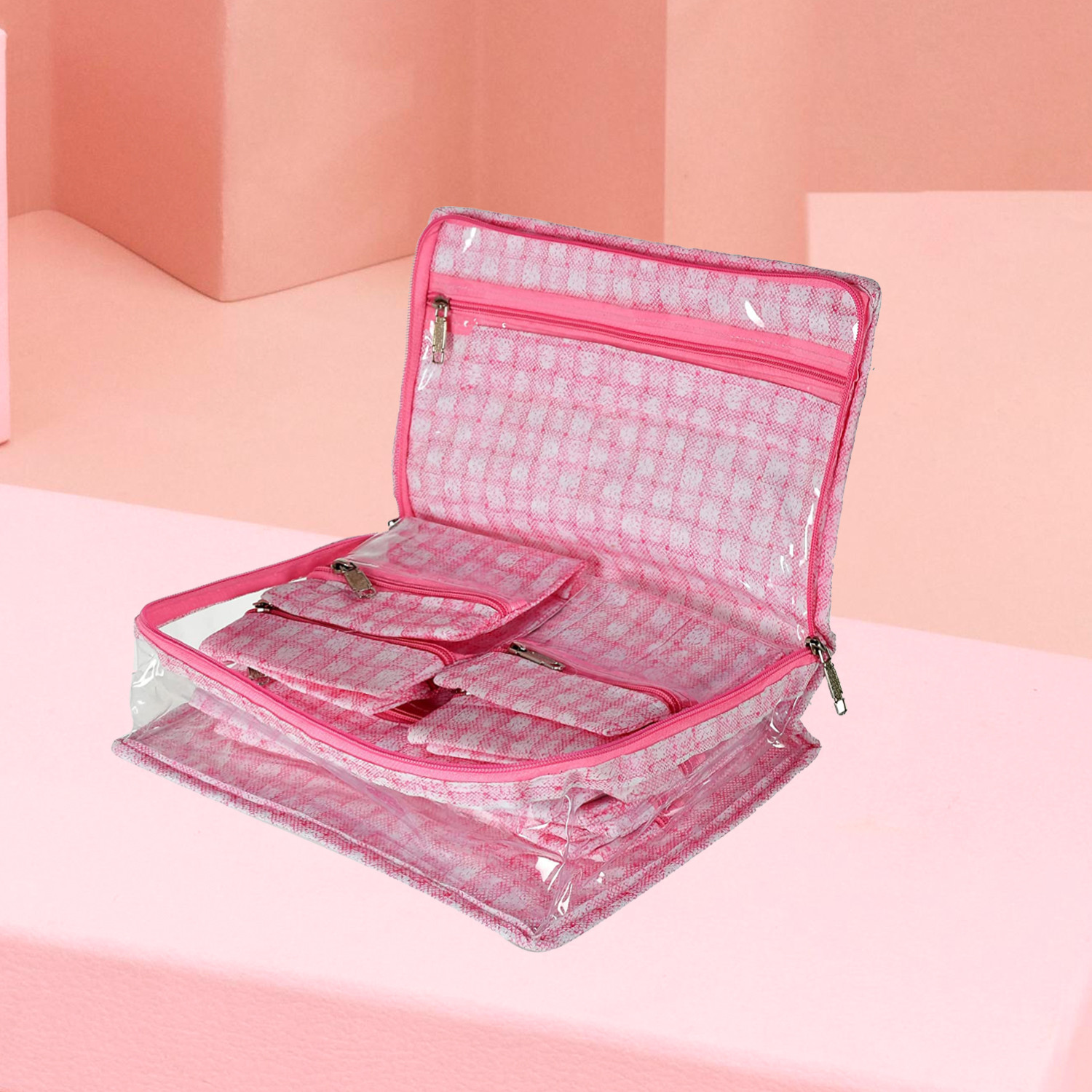 Kuber Industries Jewellery Kit | Check Design Vanity Box for woman | Laminated Jewellery Kit for woman | Jewellery Kit with 13 Transparent Pouch | Pink