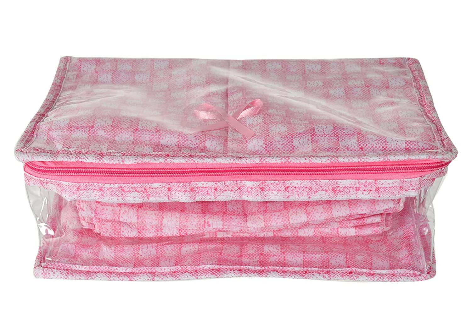 Kuber Industries Jewellery Kit | Check Design Vanity Box for woman | Laminated Jewellery Kit for woman | Jewellery Kit with 13 Transparent Pouch | Pink