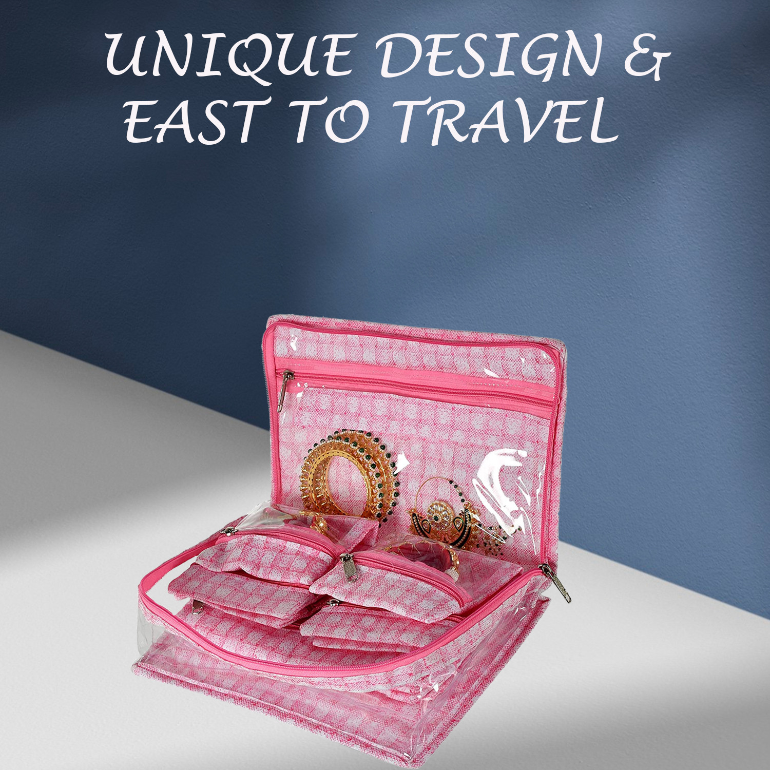 Kuber Industries Jewellery Kit | Check Design Vanity Box for woman | Laminated Jewellery Kit for woman | Jewellery Kit with 13 Transparent Pouch | Pink