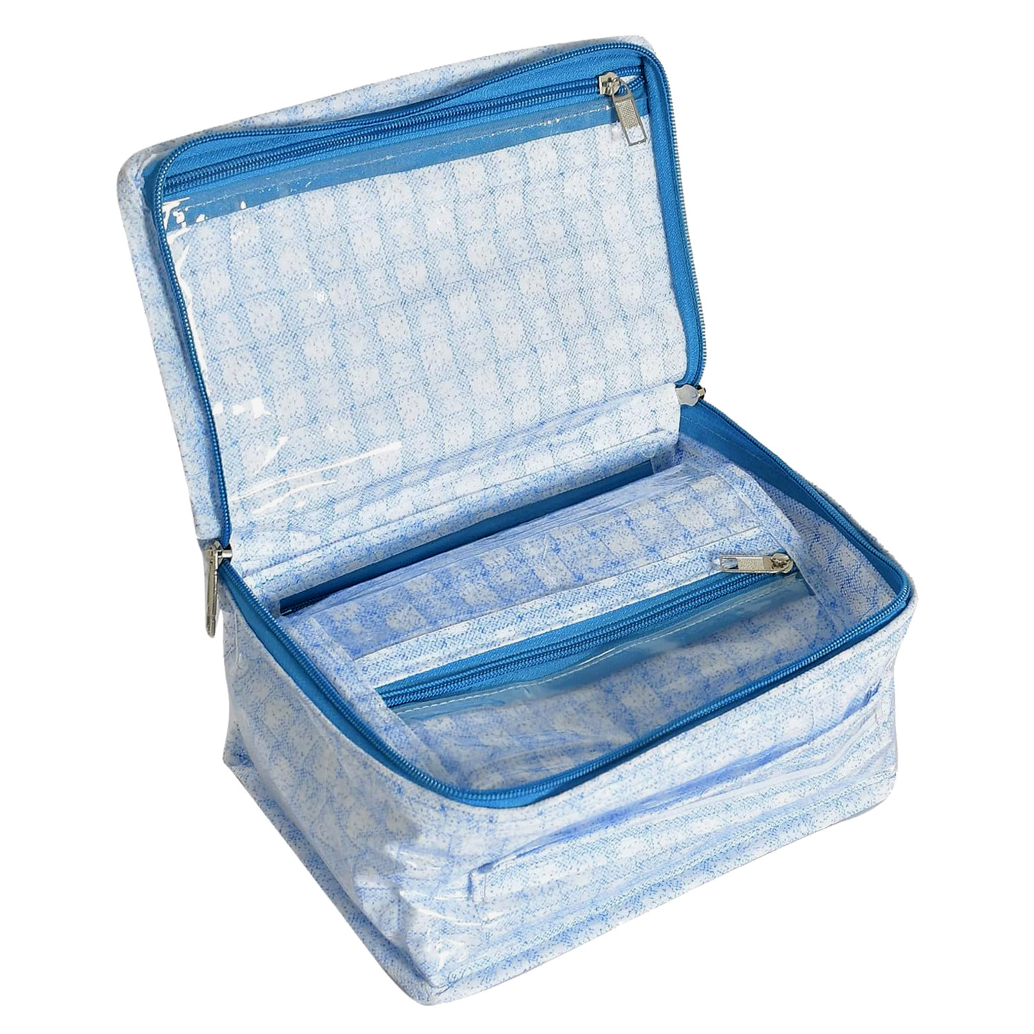 Kuber Industries Jewellery Kit | Check Design Vanity Box for woman | Laminated Jewellery Kit for woman | Jewellery Kit with 8 Transparent Pouch | Blue