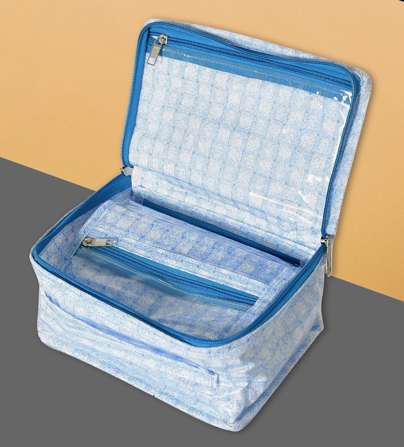 Kuber Industries Jewellery Kit | Check Design Vanity Box for woman | Laminated Jewellery Kit for woman | Jewellery Kit with 8 Transparent Pouch | Blue