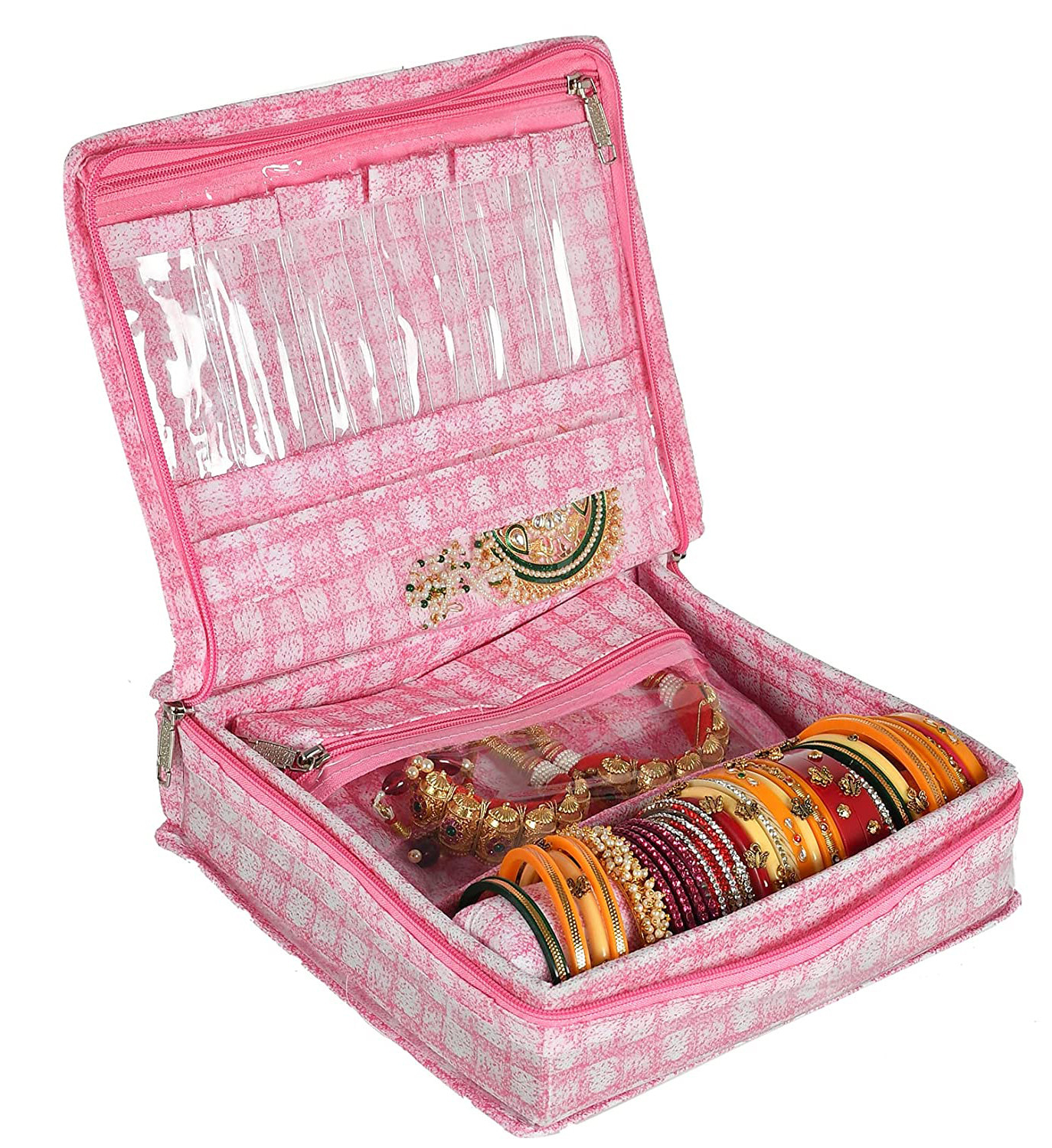 Kuber Industries Jewellery Kit | Check Design Vanity Box for woman | Laminated Jewellery Kit with Support | Jewellery Kit with 5 Pouch & Bangle Roll | Pink