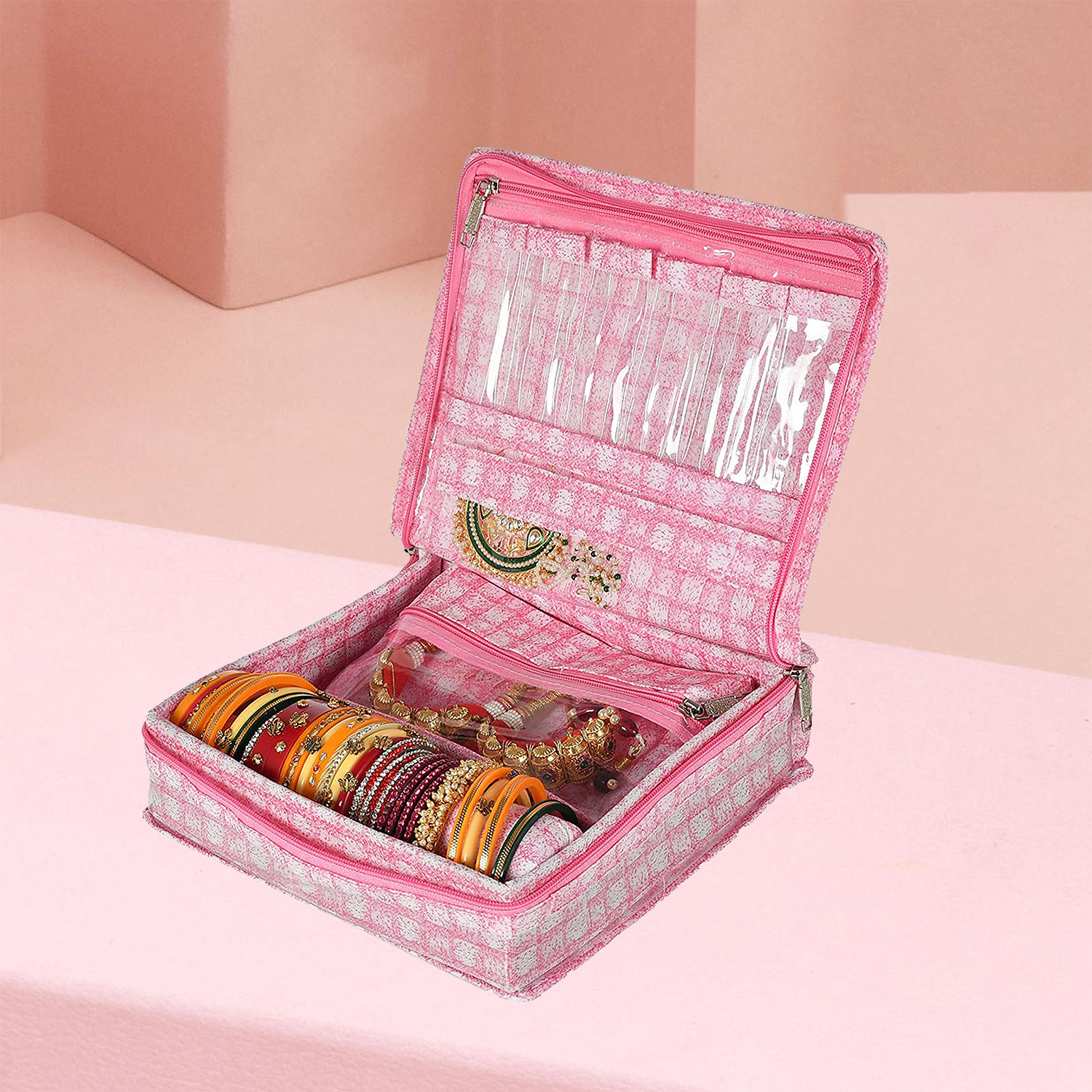 Kuber Industries Jewellery Kit | Check Design Vanity Box for woman | Laminated Jewellery Kit with Support | Jewellery Kit with 5 Pouch & Bangle Roll | Pink