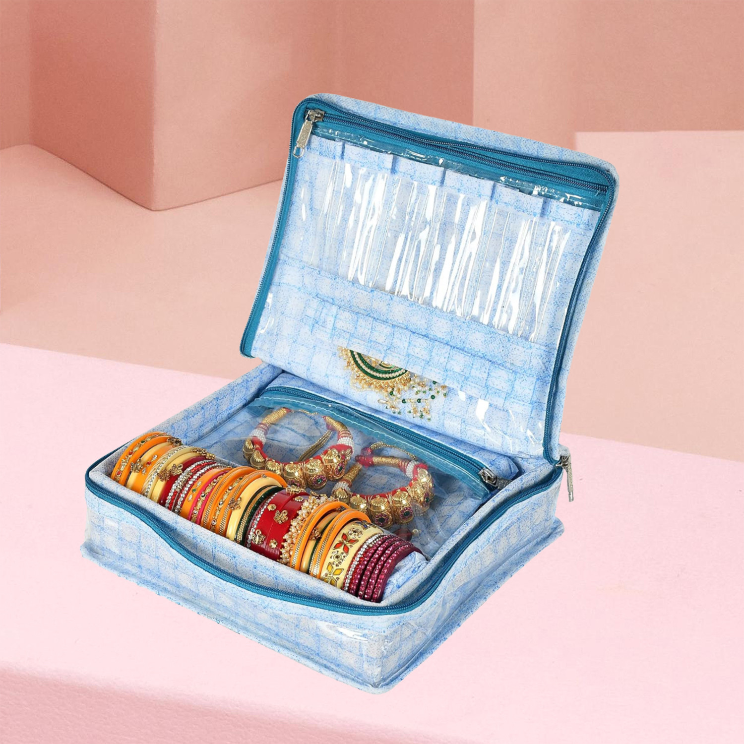 Kuber Industries Jewellery Kit | Check Design Vanity Box for woman | Laminated Jewellery Kit with Support | Jewellery Kit with 5 Pouch & Bangle Roll | Blue