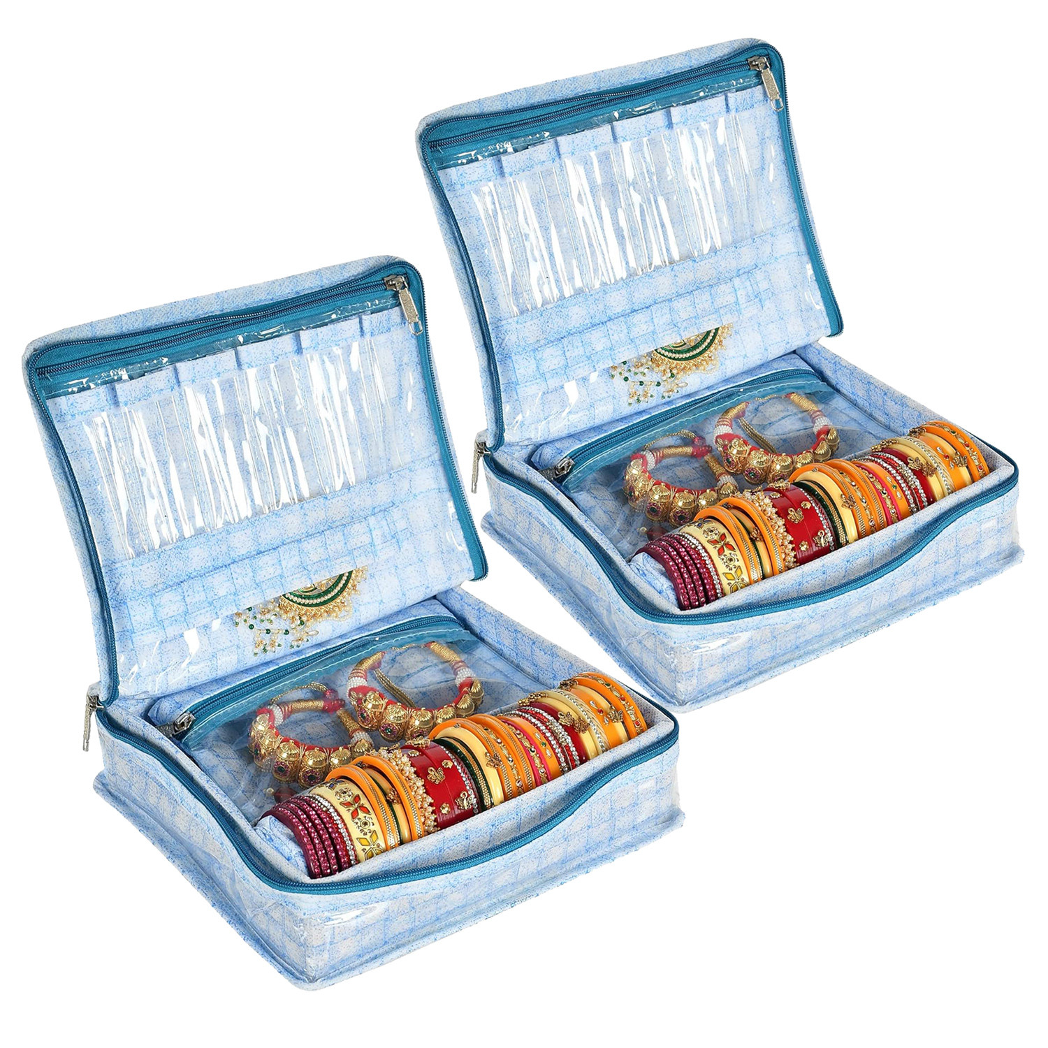 Kuber Industries Jewellery Kit | Check Design Vanity Box for woman | Laminated Jewellery Kit with Support | Jewellery Kit with 5 Pouch & Bangle Roll | Blue