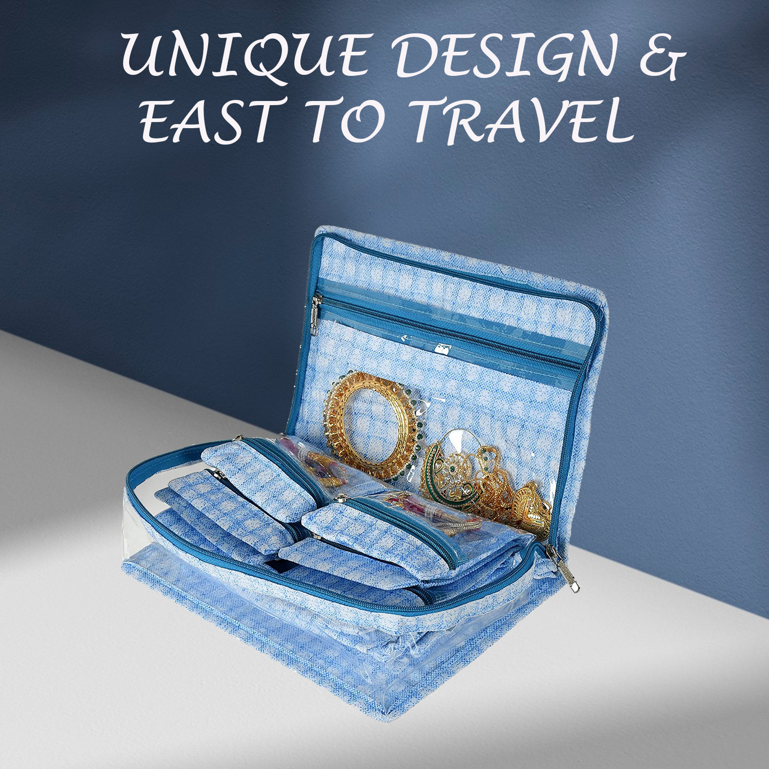 Kuber Industries Jewellery Kit  Check Design Vanity Box for woman  Laminated Jewellery Kit with Support  Jewellery Kit with 5 Pouch  Bangle Roll  Blue