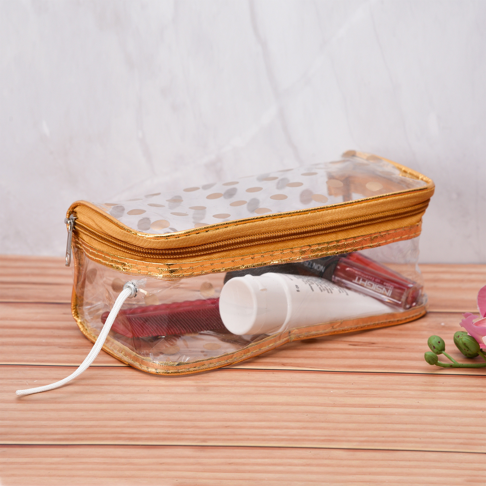 Kuber Industries Jewellery Kit  Cosmetic Storage Box  Jewellery Box for Women  Travel Pouch  Transparent Makeup kit  3 Different Pouch  Dot-Dori Vanity Pouch  Golden