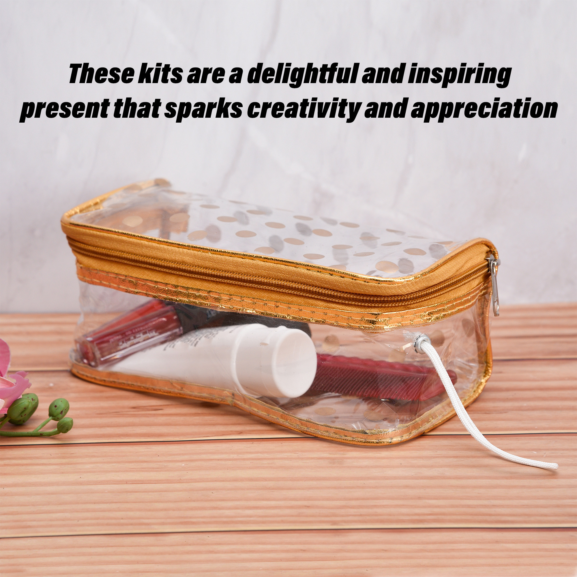 Kuber Industries Jewellery Kit  Cosmetic Storage Box  Jewellery Box for Women  Travel Pouch  Transparent Makeup kit  3 Different Pouch  Dot-Dori Vanity Pouch  Golden