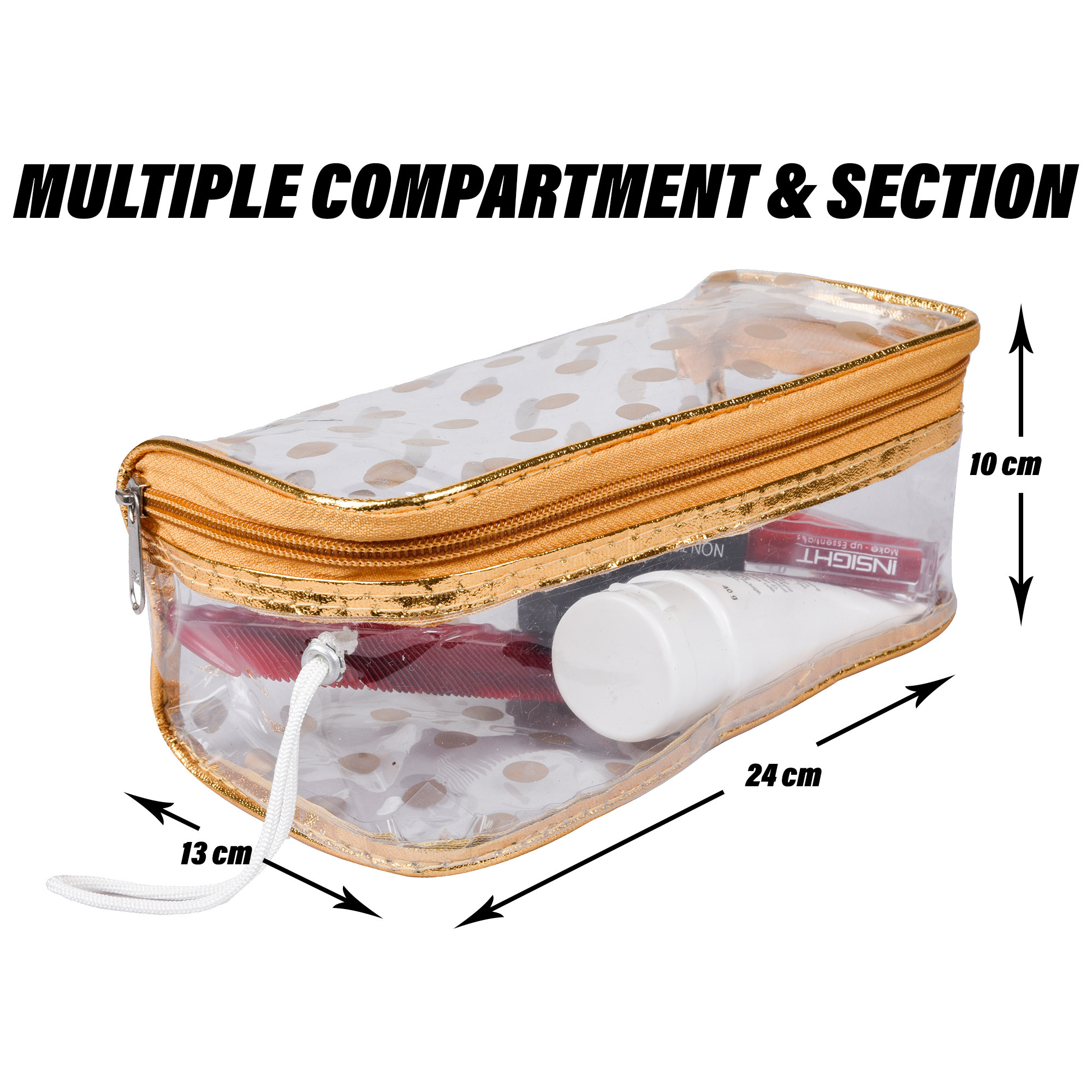 Kuber Industries Jewellery Kit | Cosmetic Storage Box | Jewellery Box for Women | Travel Pouch | Transparent Makeup kit | 3 Different Pouch | Dot-Dori Vanity Pouch | Golden