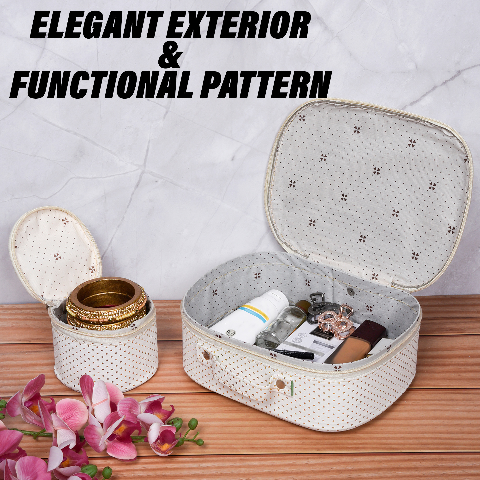 Kuber Industries Jewellery Kit  Cosmetic Storage Box  Travel Pouch  Jewellery Box for Women  Jewellery Make up Organizer  5 Different Pouch  Dot Vanity Pouch  White