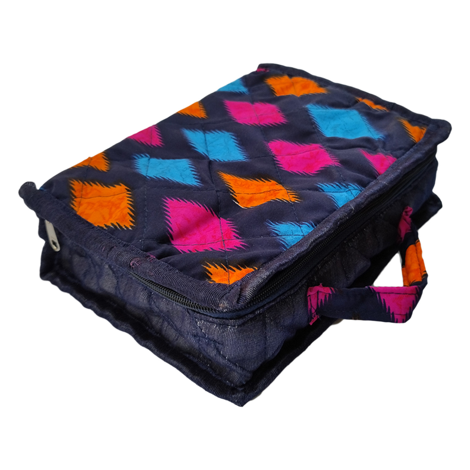 Kuber Industries Jewellery Kit | Cotton Blue Zig Zag Print Travel Organizer with Handle | 5 Pouch Storage Kit with Bangle Rod | Cosmetic  Kit for Necklace | Rings | Bracelet | Blue