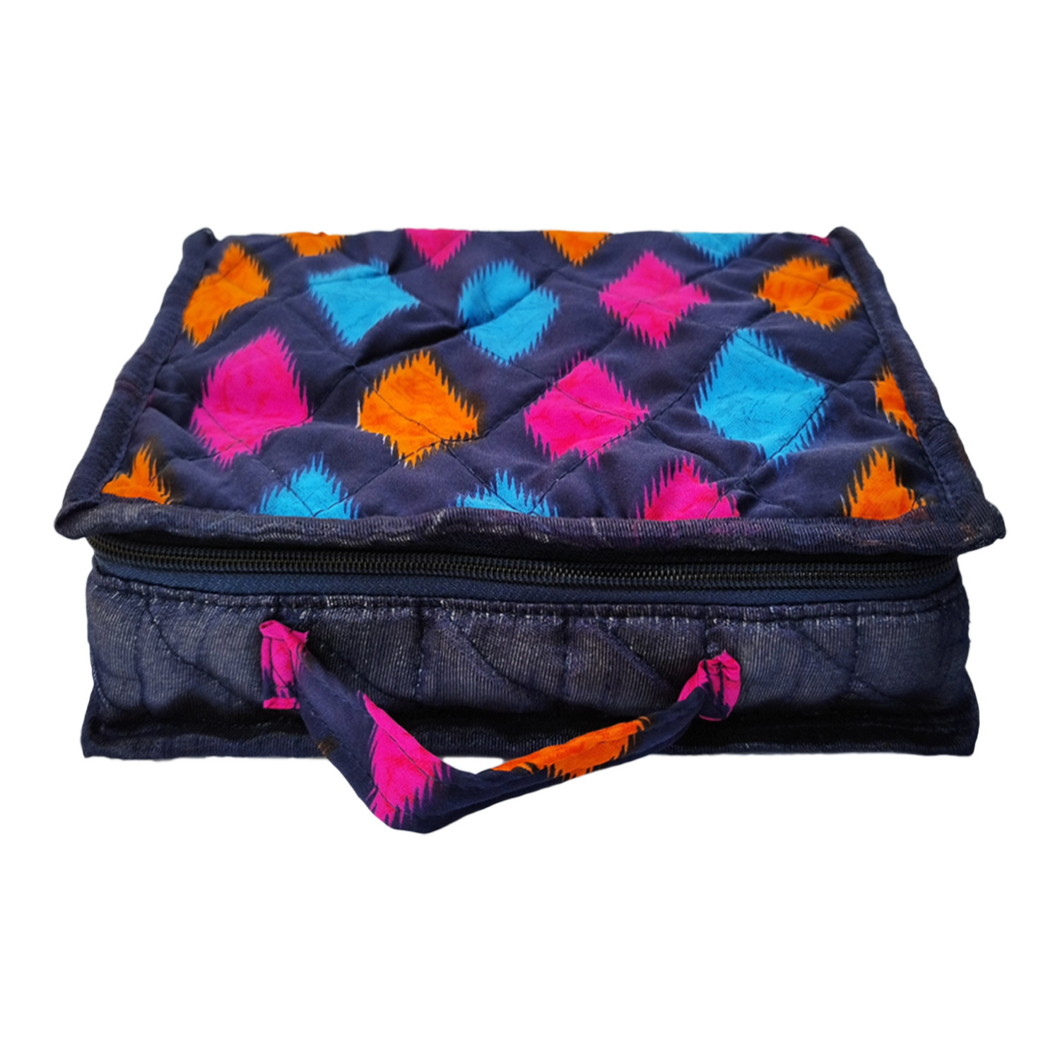 Kuber Industries Jewellery Kit | Cotton Blue Zig Zag Print Travel Organizer with Handle | 5 Pouch Storage Kit with Bangle Rod | Cosmetic  Kit for Necklace | Rings | Bracelet | Blue