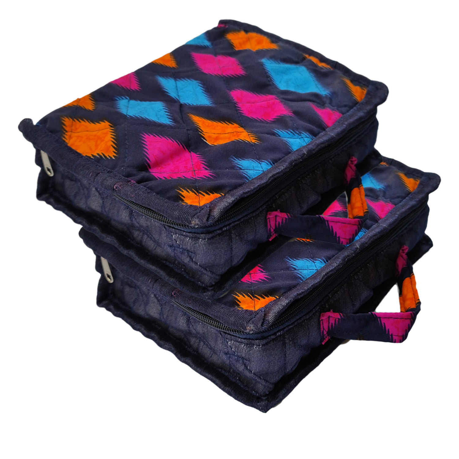 Kuber Industries Jewellery Kit | Cotton Blue Zig Zag Print Travel Organizer with Handle | 5 Pouch Storage Kit with Bangle Rod | Cosmetic  Kit for Necklace | Rings | Bracelet | Blue