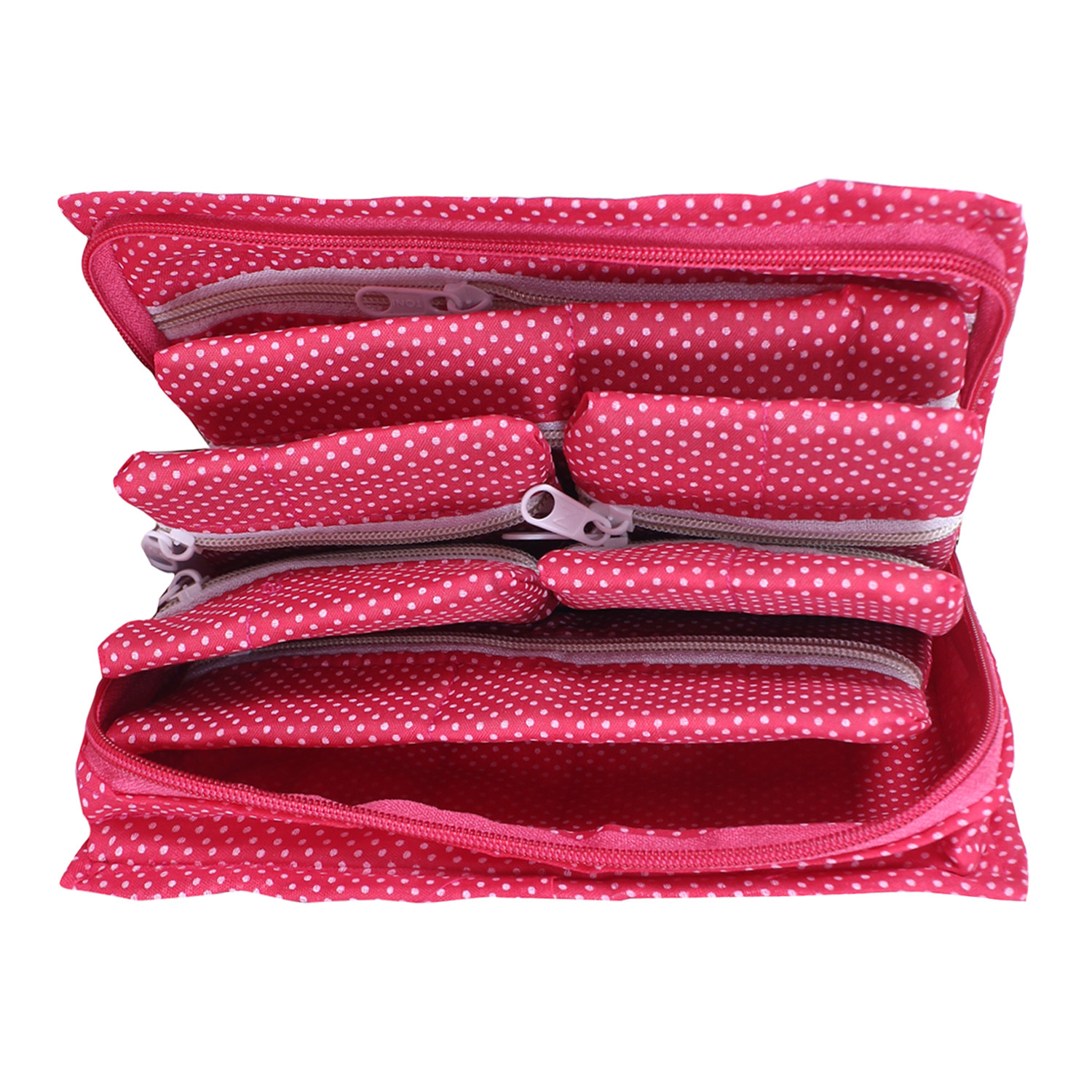 Kuber Industries Jewellery Kit | Cotton Bow Dot Print Travel Kit | 7 Pouch Jewellery Storage Kit | Makeup Organizer for Woman | Pink