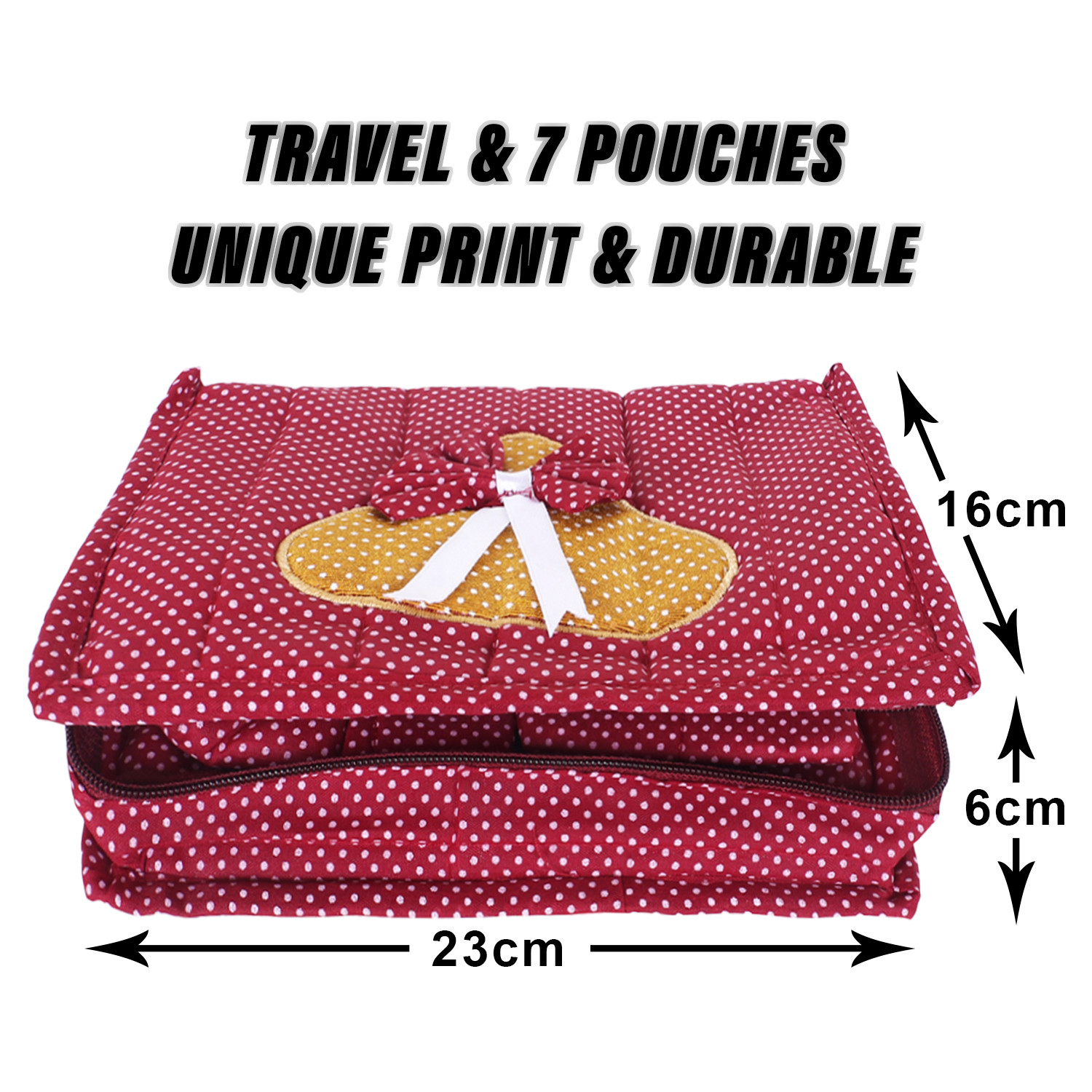 Kuber Industries Jewellery Kit | Cotton Bow Dot Print Travel Kit | 7 Pouch Jewellery Storage Kit | Makeup Organizer for Woman | Maroon