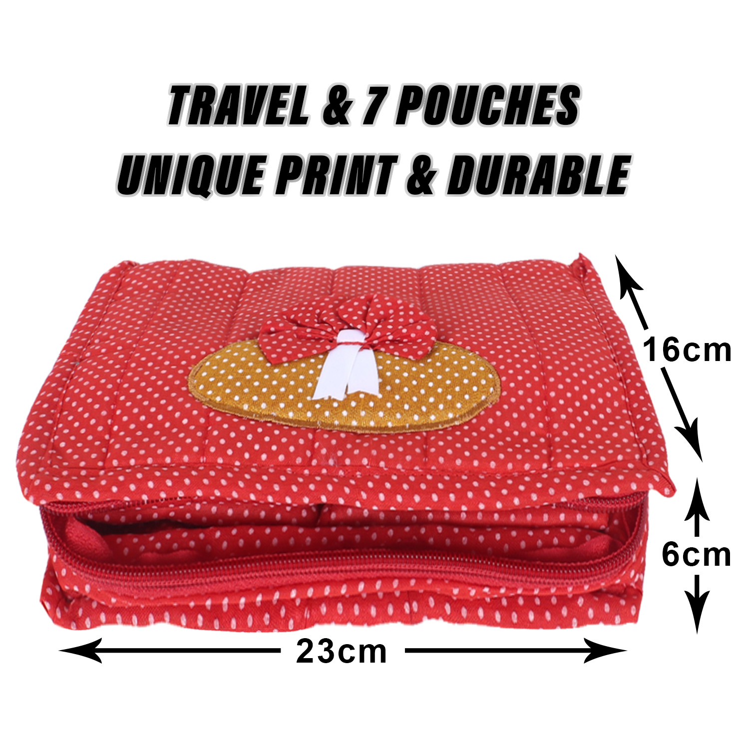 Kuber Industries Jewellery Kit | Cotton Bow Dot Print Travel Kit | 7 Pouch Jewellery Storage Kit | Makeup Organizer for Woman | Red
