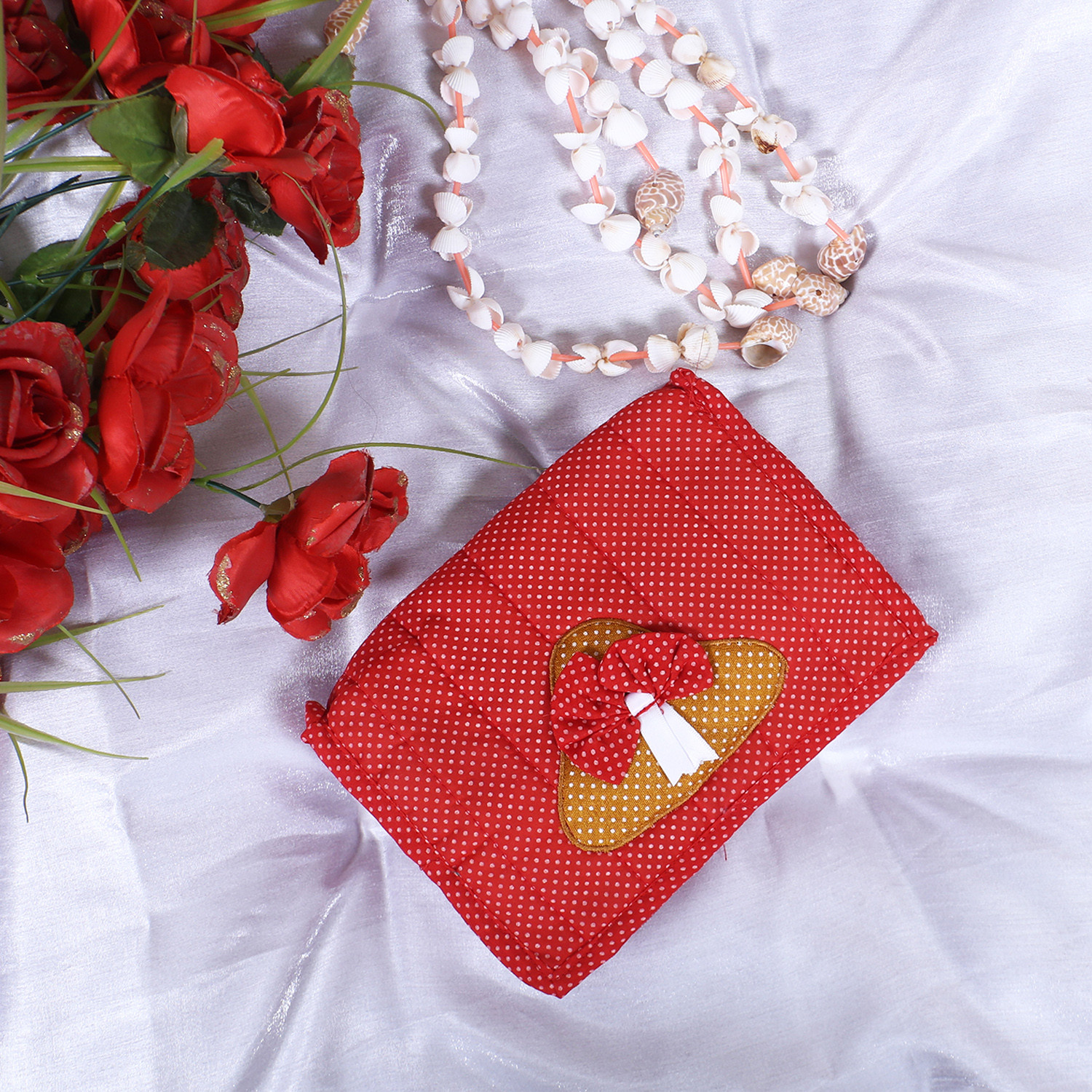 Kuber Industries Jewellery Kit | Cotton Bow Dot Print Travel Kit | 7 Pouch Jewellery Storage Kit | Makeup Organizer for Woman | Red