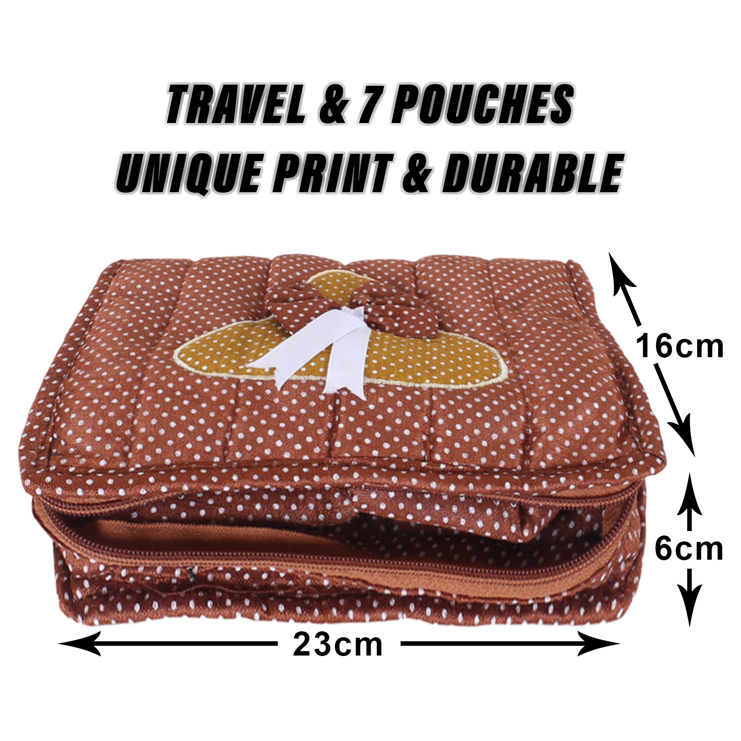 Kuber Industries Jewellery Kit | Cotton Bow Dot Print Travel Kit | 7 Pouch Jewellery Storage Kit | Makeup Organizer for Woman | Brown