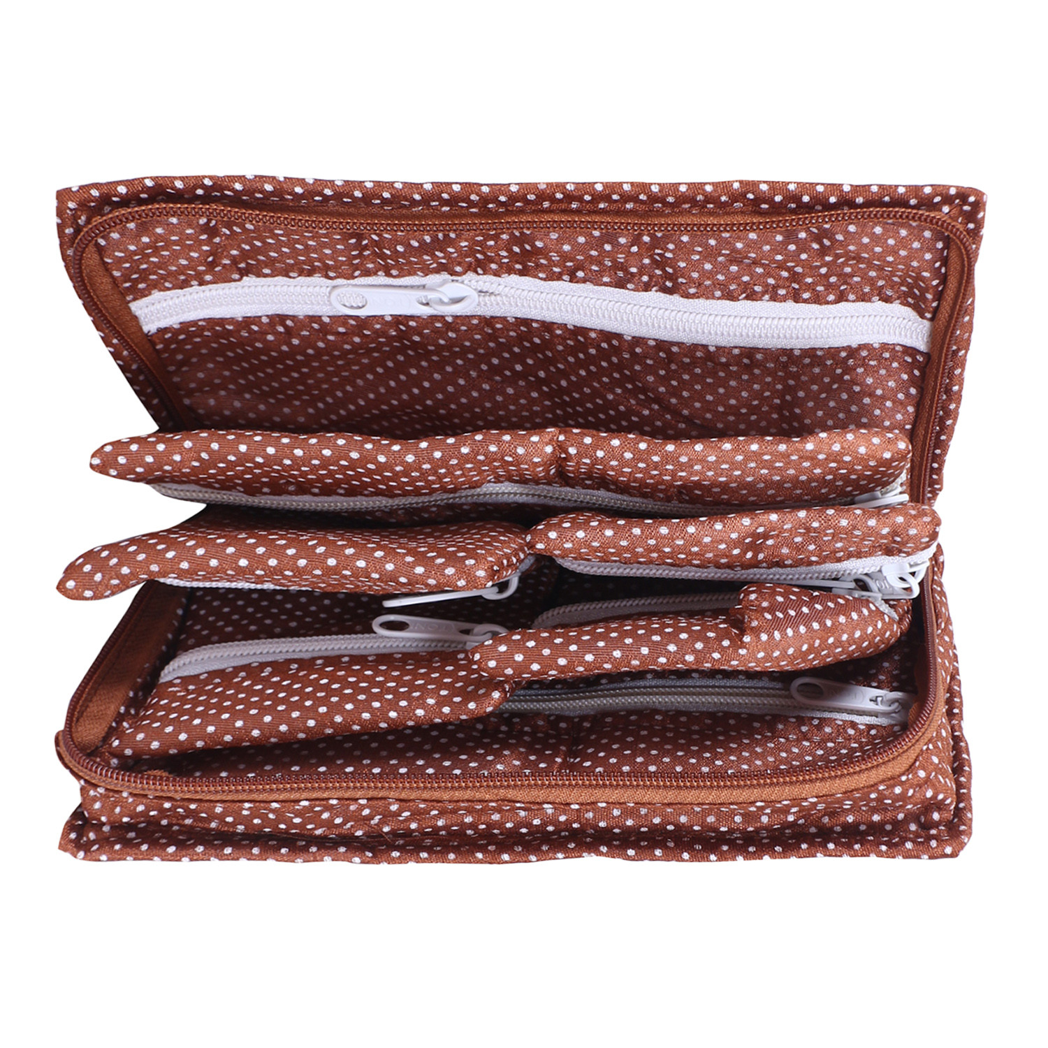 Kuber Industries Jewellery Kit | Cotton Bow Dot Print Travel Kit | 7 Pouch Jewellery Storage Kit | Makeup Organizer for Woman | Brown