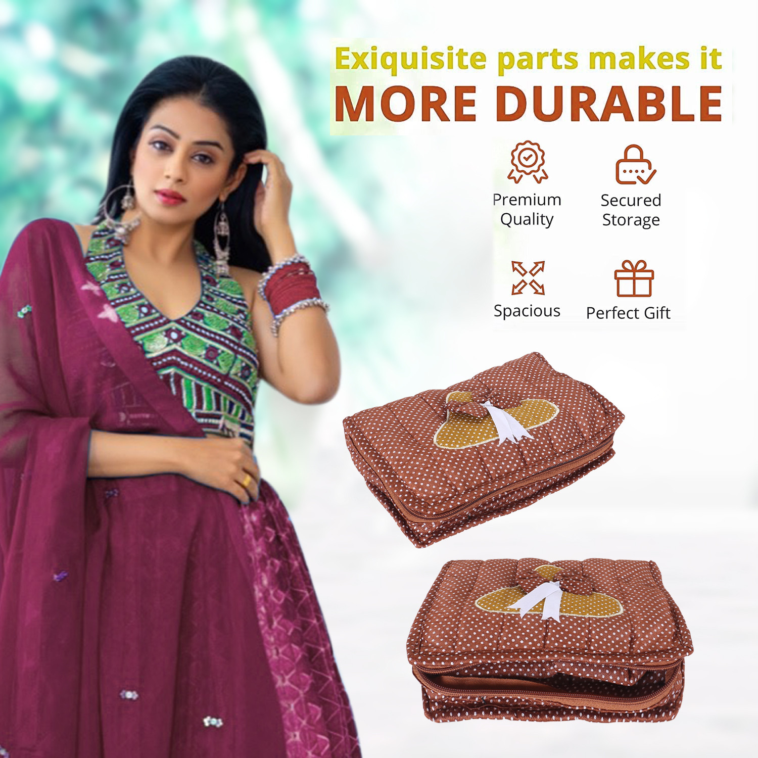 Kuber Industries Jewellery Kit | Cotton Bow Dot Print Travel Kit | 7 Pouch Jewellery Storage Kit | Makeup Organizer for Woman | Brown