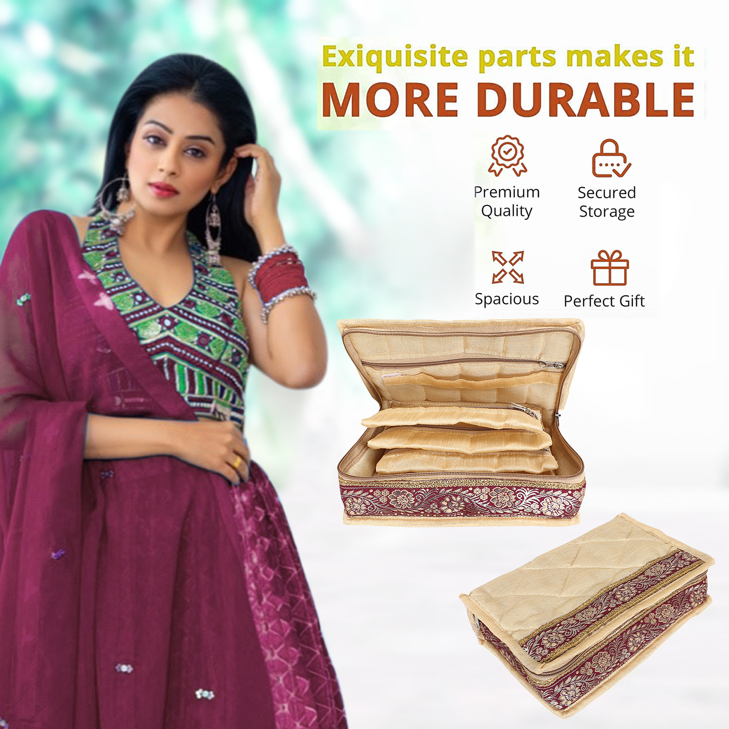 Kuber Industries Jewellery Kit | Cotton Golden Lace Jewellery Storage Kit | 5 Pouch Travel Organizer for woman | Cosmetic  Kit for Necklace | Rings | Bracelet | Cream