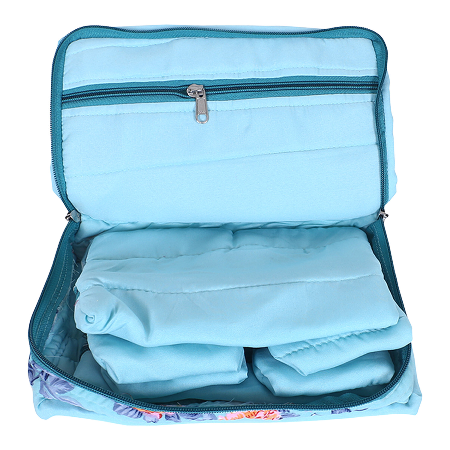 Kuber Industries Jewellery Kit | Cotton Green Flower Cosmetic  Kit | Travel Jewellery Box | Travel 7 Storage Pouch for Necklace | RIngs | Bracelet | Green