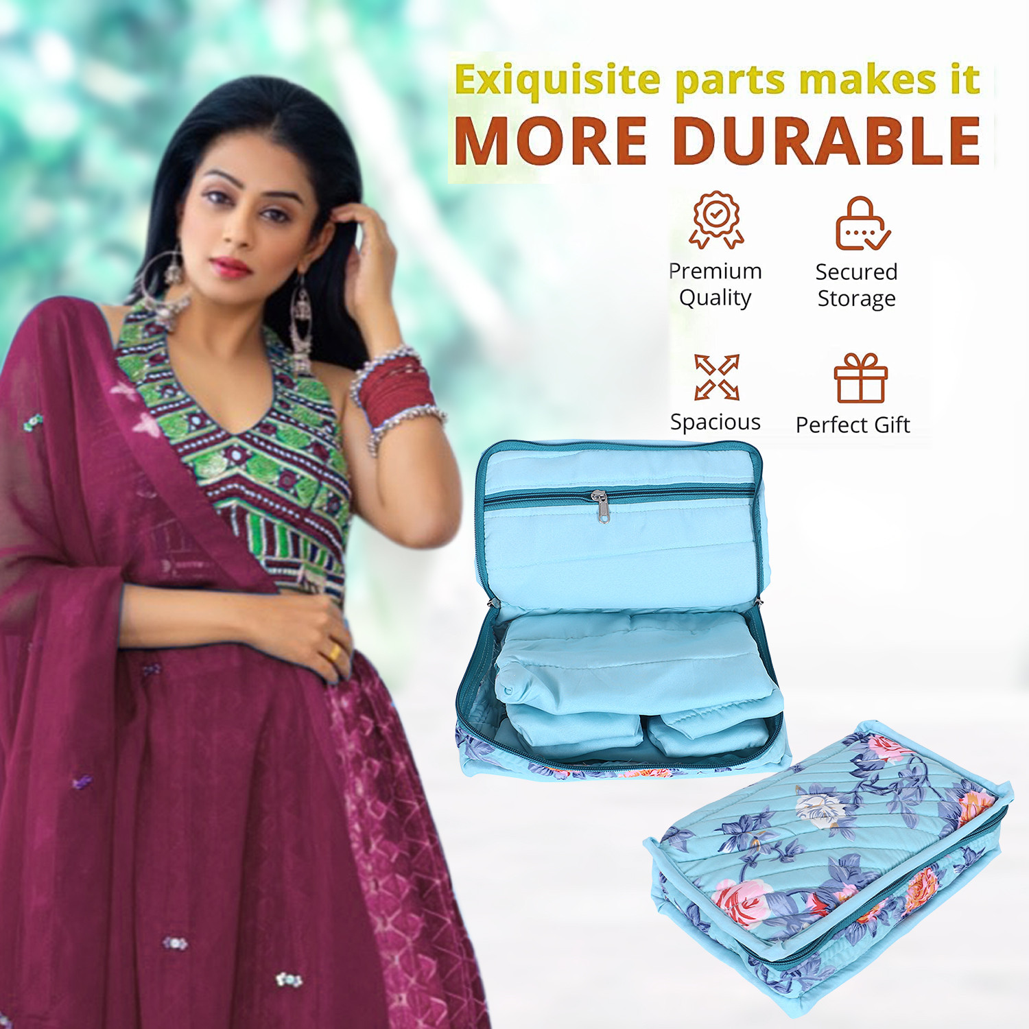 Kuber Industries Jewellery Kit | Cotton Green Flower Cosmetic  Kit | Travel Jewellery Box | Travel 7 Storage Pouch for Necklace | RIngs | Bracelet | Green